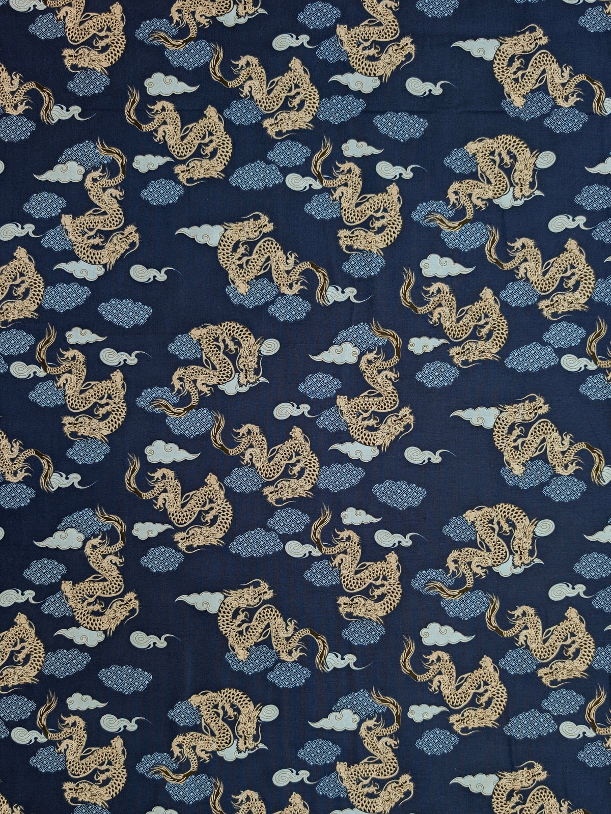 Asano - Japanese Dragon with Patterned Clouds Cotton Sheeting Fabric - Blue