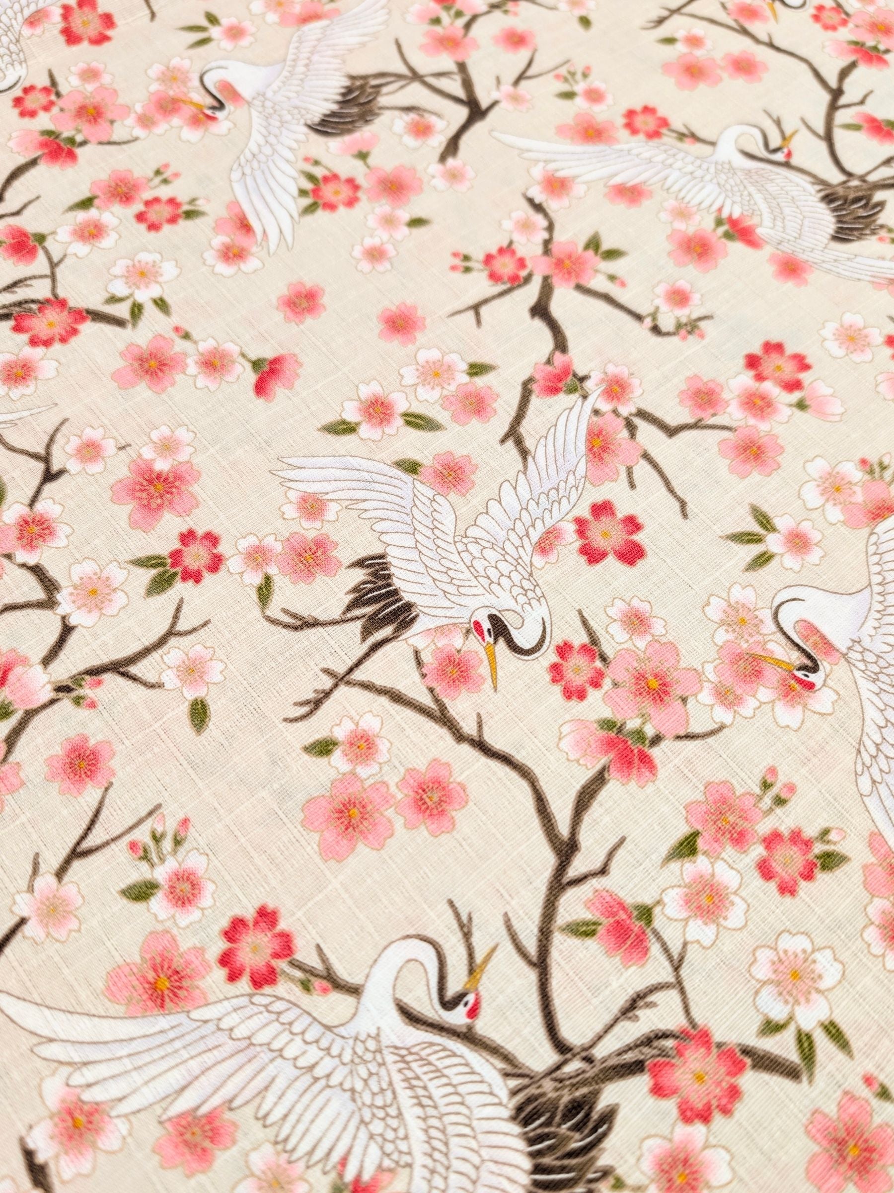 Hishiei - Cranes and Cherry Blossoms Cotton Dobby Fabric - Beige REMNANT