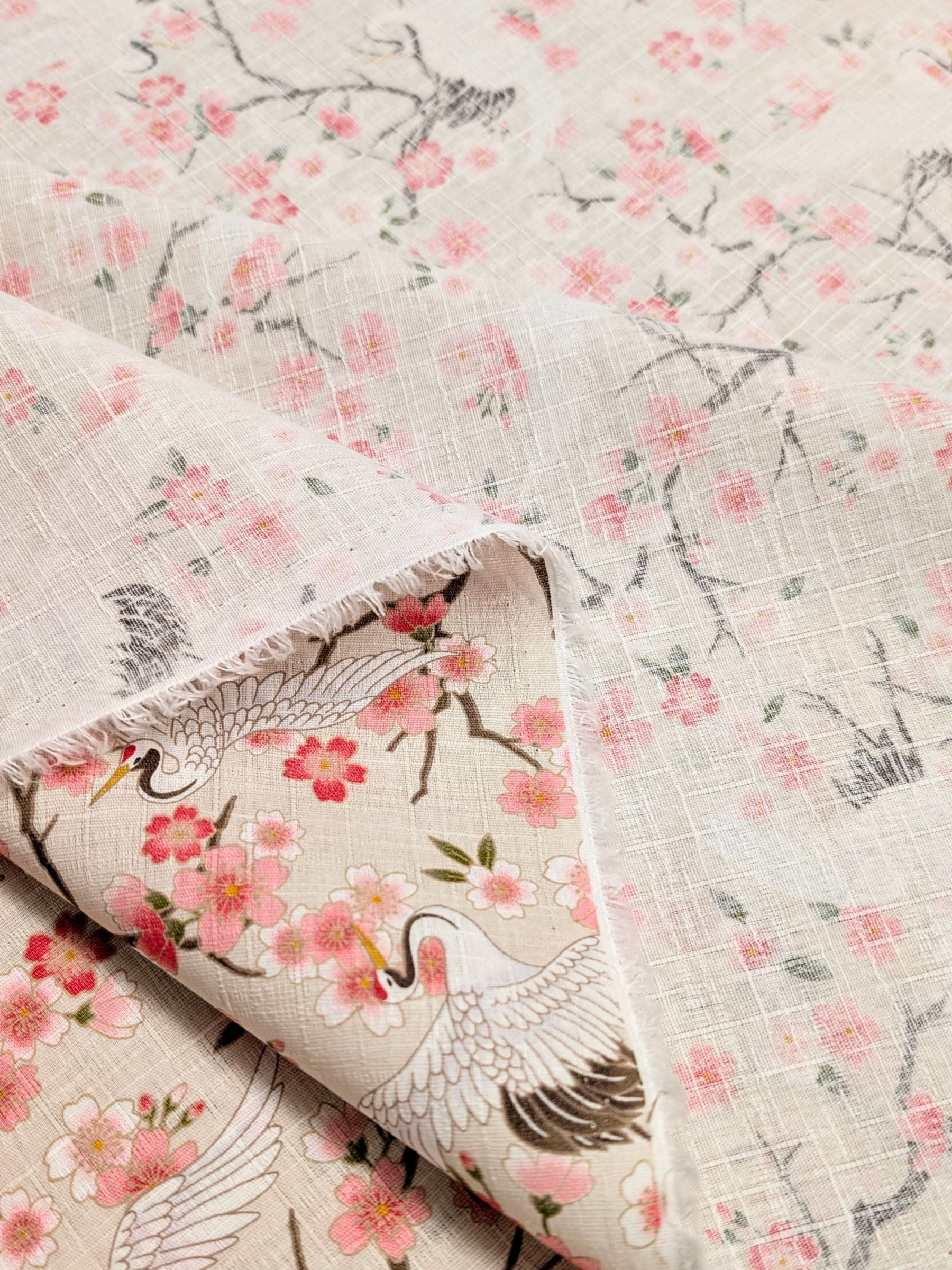 Hishiei - Cranes and Cherry Blossoms Cotton Dobby Fabric - Beige REMNANT
