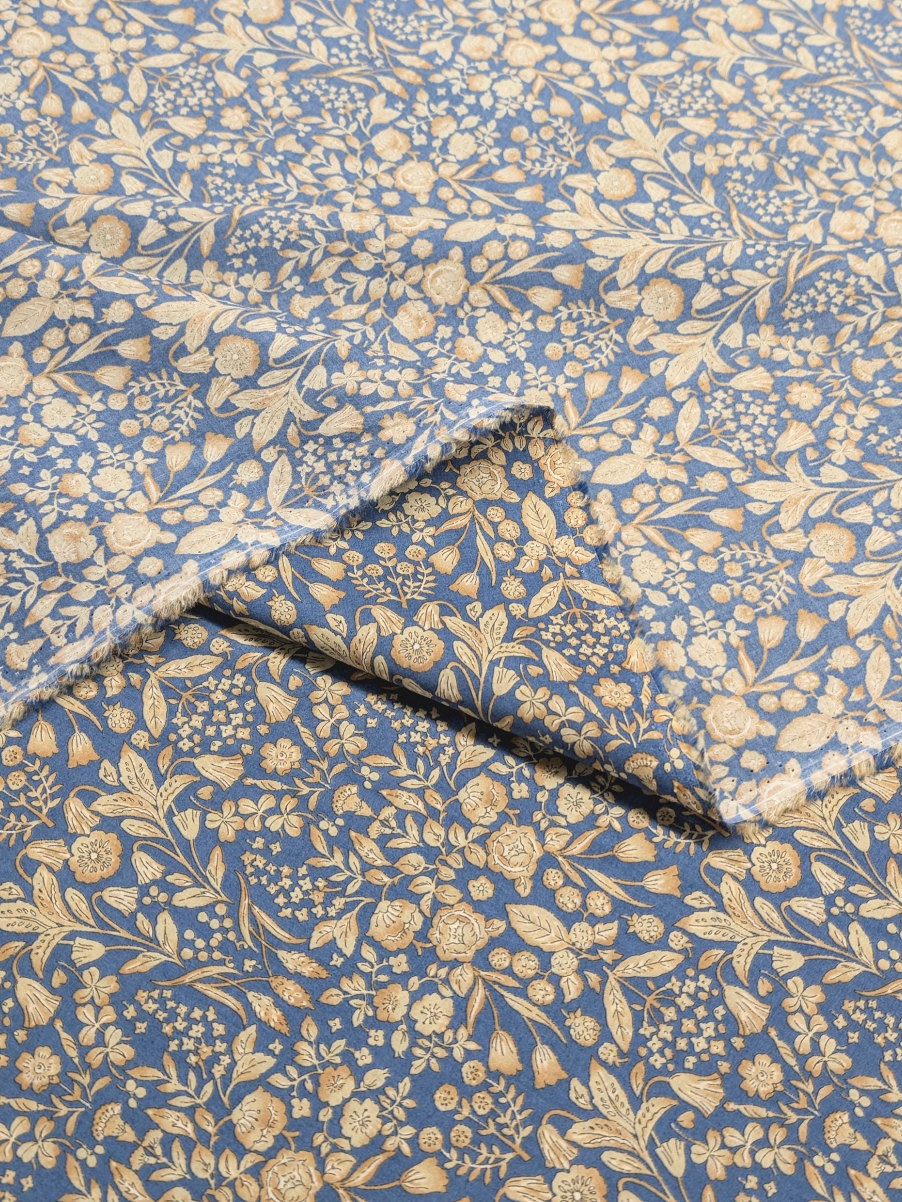 Hokkoh - Mirrored Two-Tone Flowers Cotton Lawn Fabric - Blue & Yellow