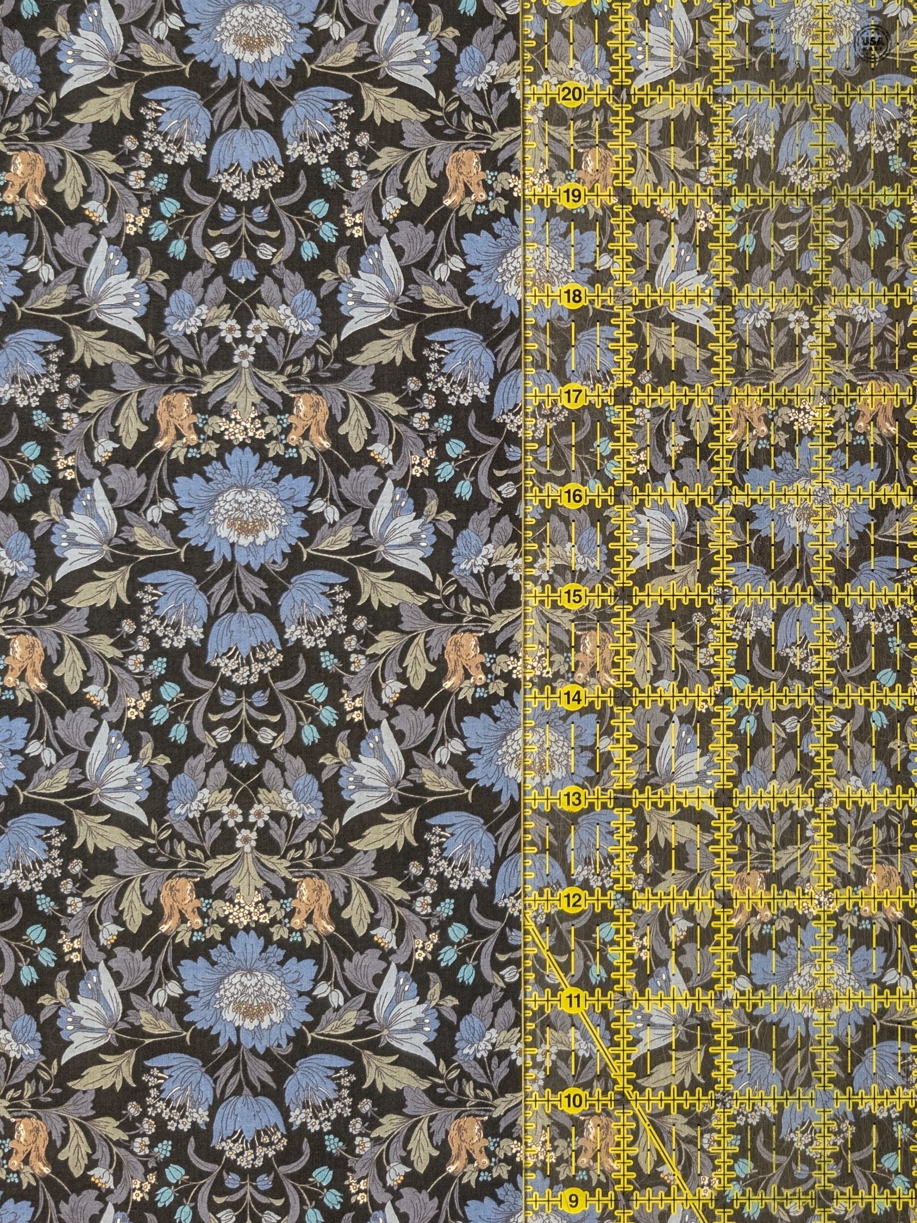 Hokkoh - Squirrels and Mirrored Flowers Cotton Lawn Fabric - Black & Blue