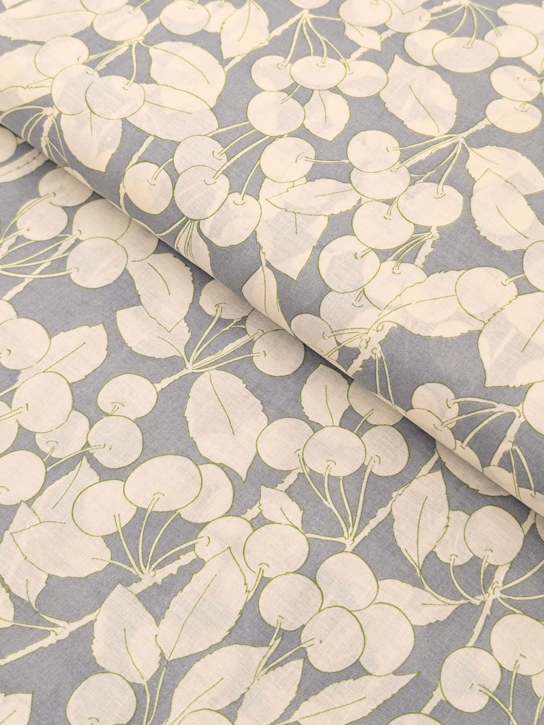 Hokkoh - Two-Tone Cherries Cotton Lawn Fabric - White & Gray REMNANT