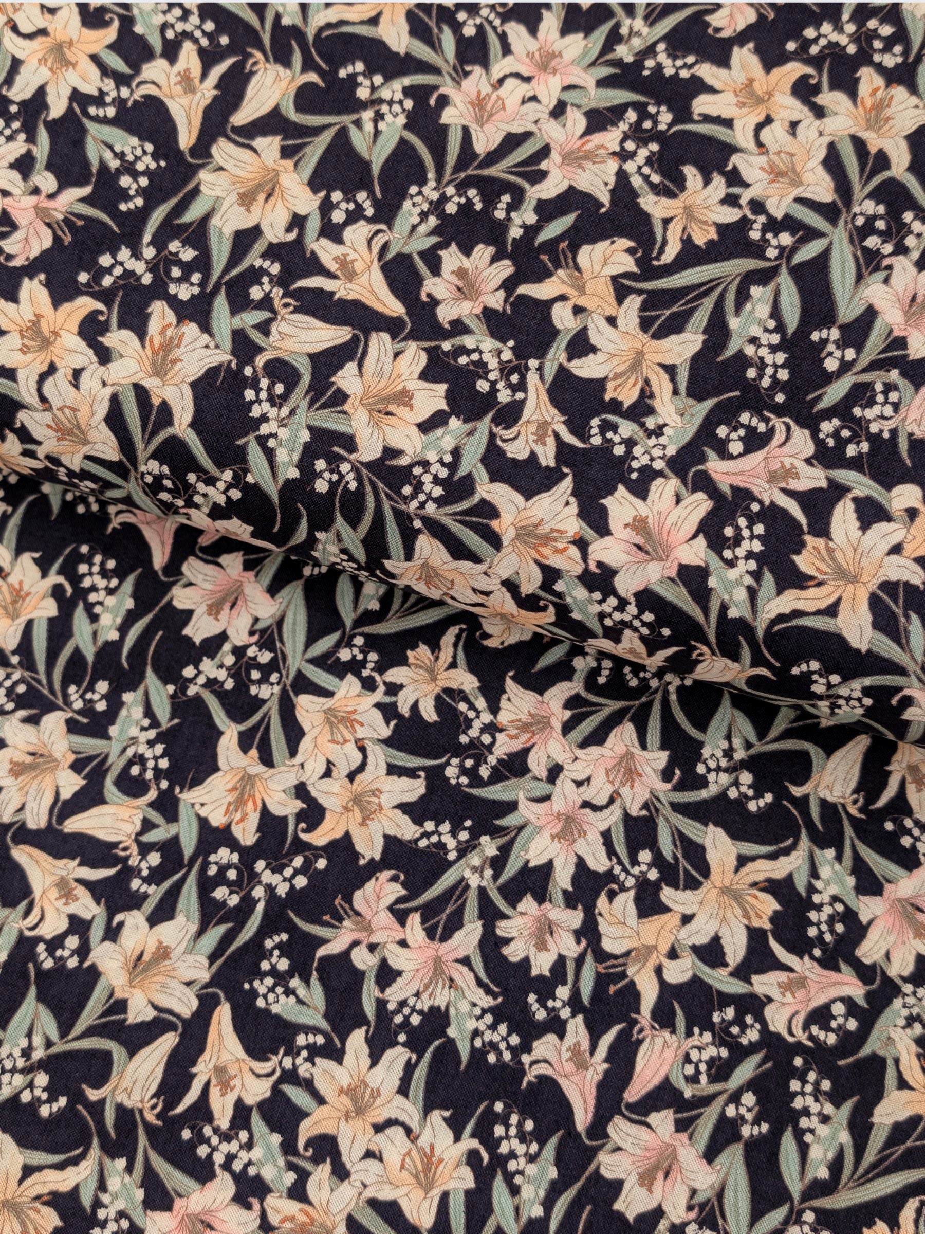 Sevenberry - Flowing Lillies Cotton Shirting Fabric - Navy Blue