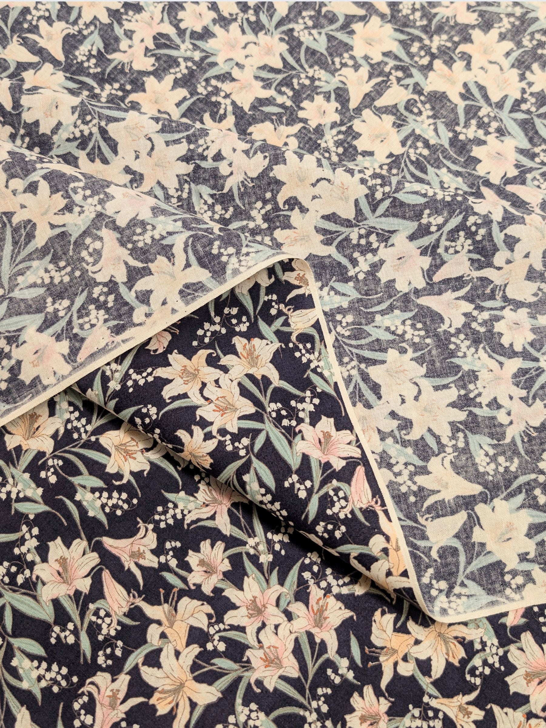 Sevenberry - Flowing Lillies Cotton Shirting Fabric - Navy Blue