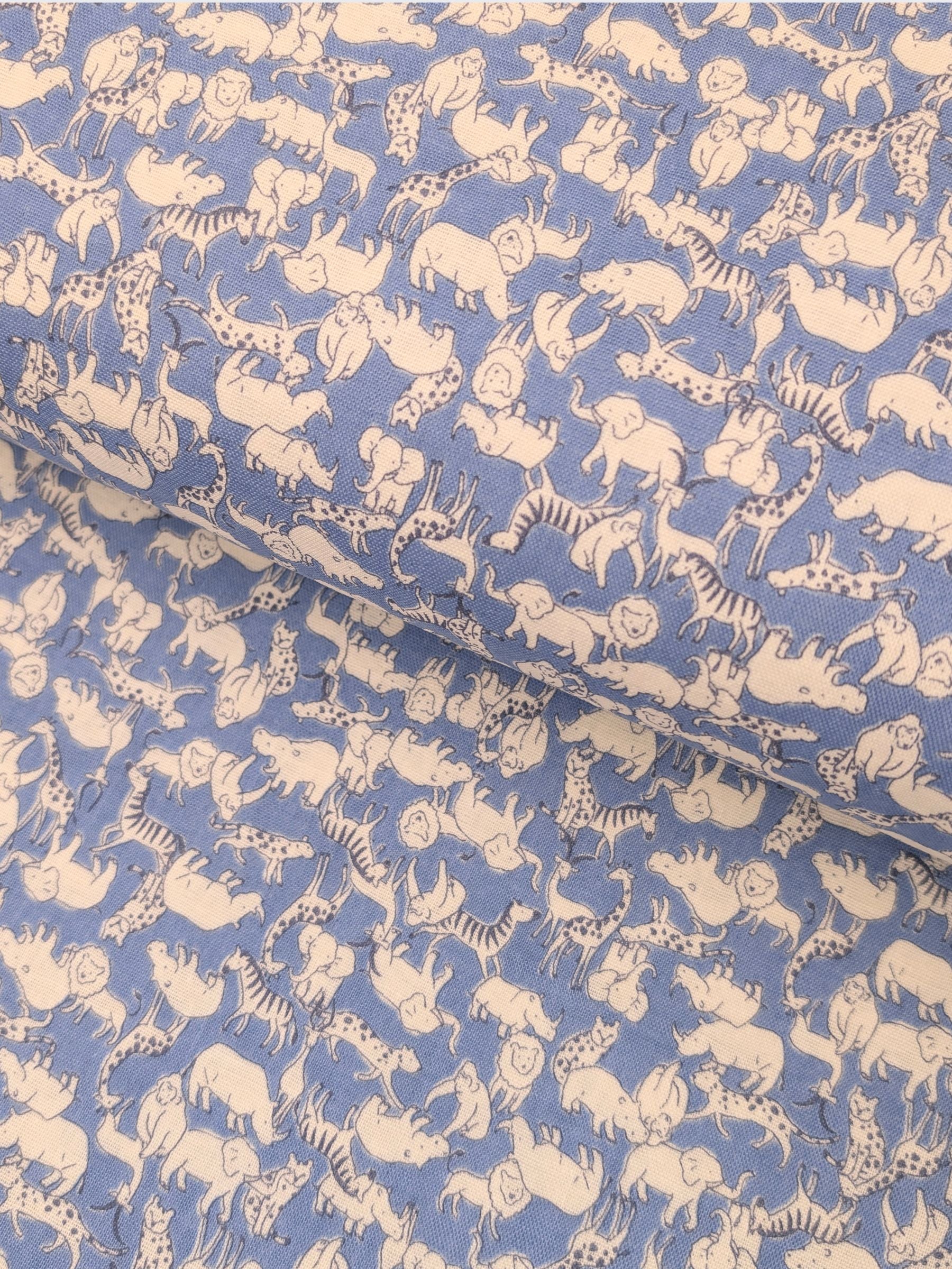 Sevenberry - Tiny African Animals Cotton Double Gauze Fabric - Blue