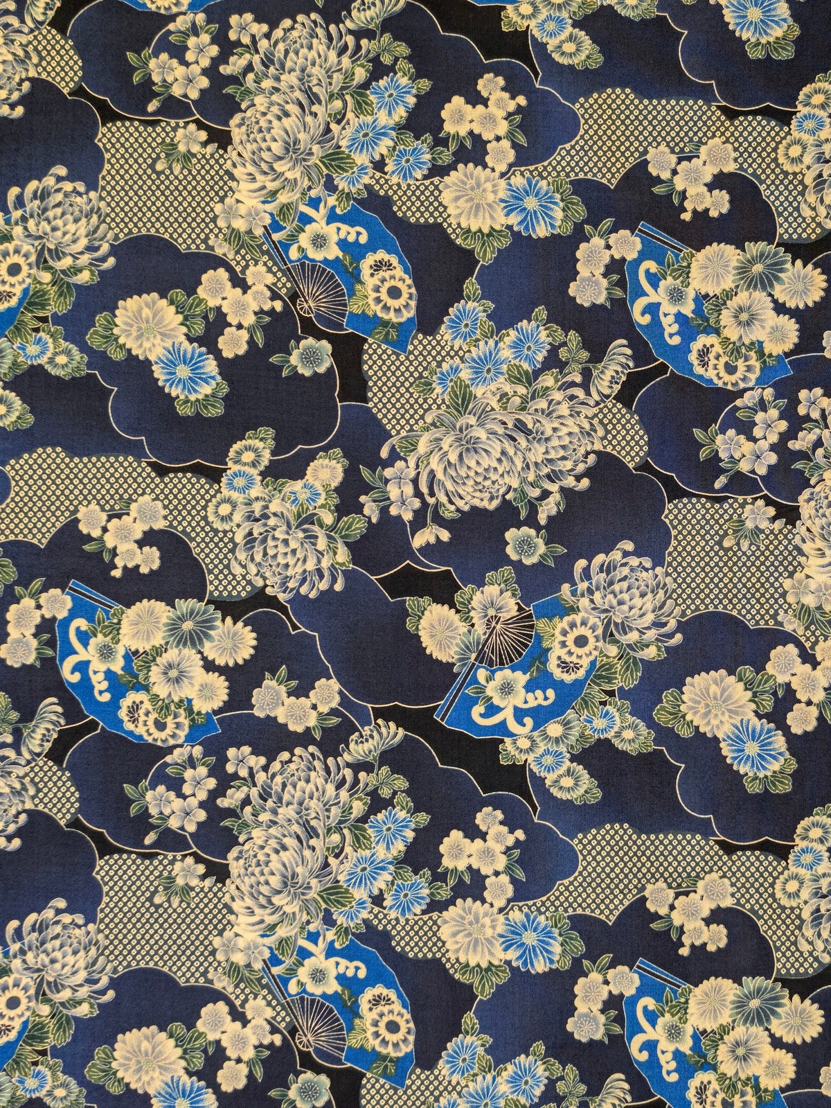 Sevenberry - Wagara Fans & Flowers Cotton Shirting Fabric - Indigo Blue