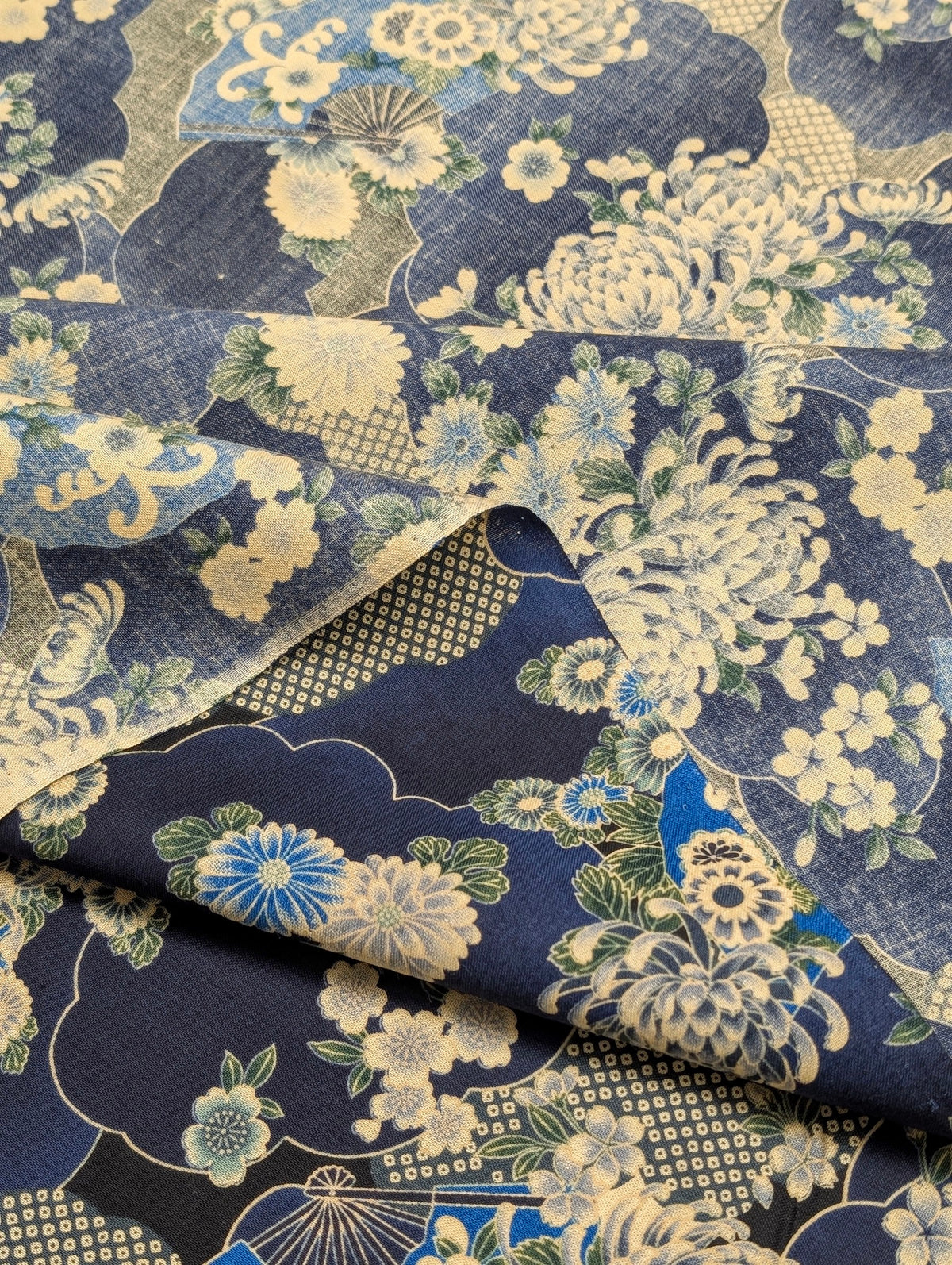 Sevenberry - Wagara Fans & Flowers Cotton Shirting Fabric - Indigo Blue
