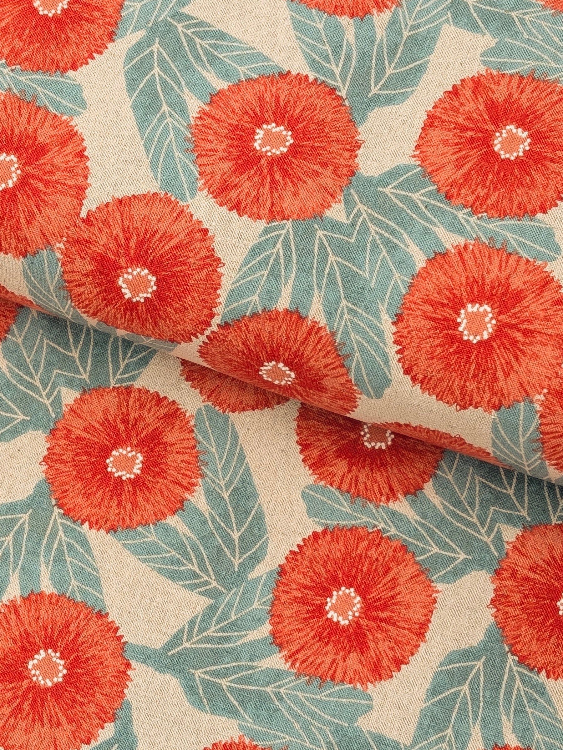 Sevenberry - Tyrolean Daisies Light Cotton Linen Canvas Fabric - Red & Natural