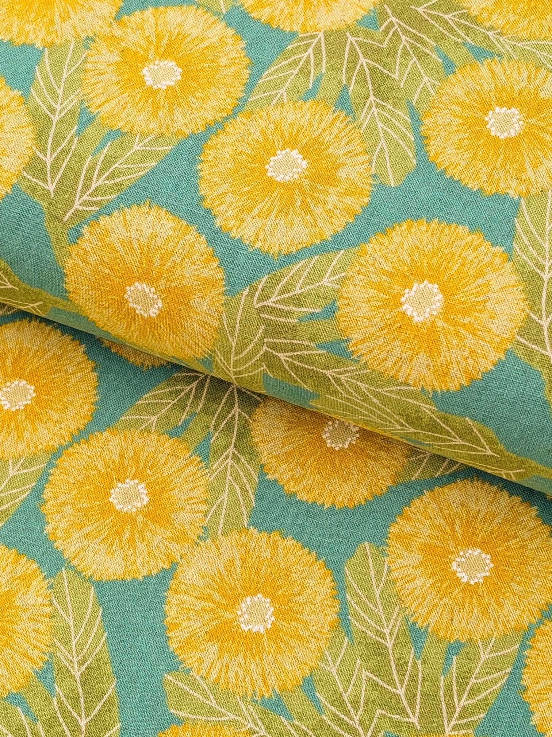 Sevenberry - Tyrolean Daisies Light Cotton Linen Canvas Fabric - Yellow & Teal