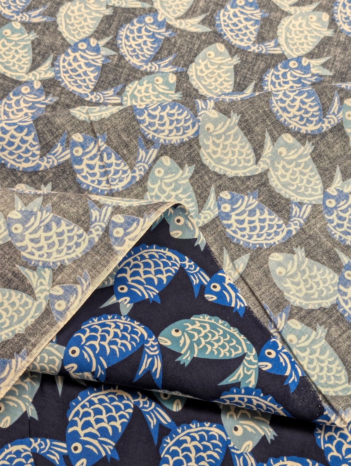 Sevenberry - Fish Block Print Cotton Shirting Fabric - Dark Blue