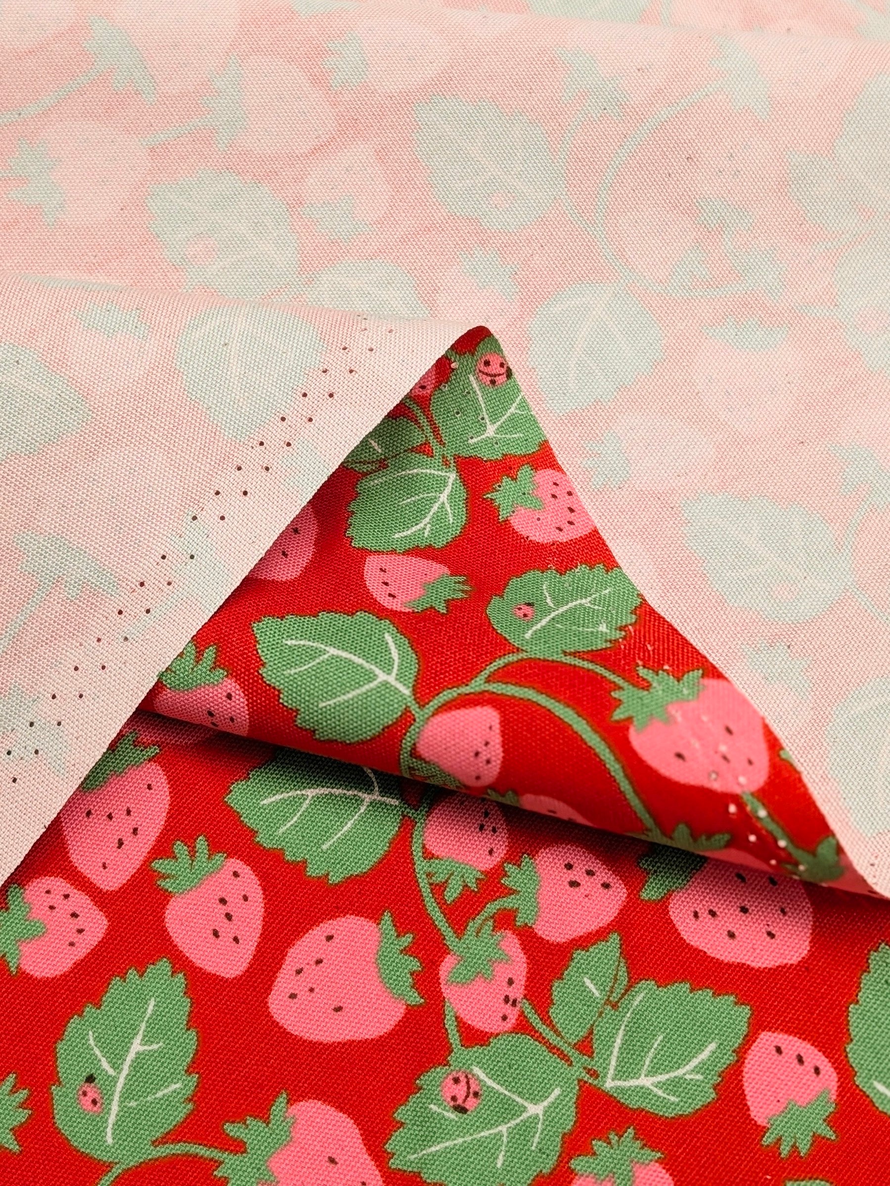 Sevenberry - Vining Strawberries Oxford Canvas Cotton Fabric - Pink & Red