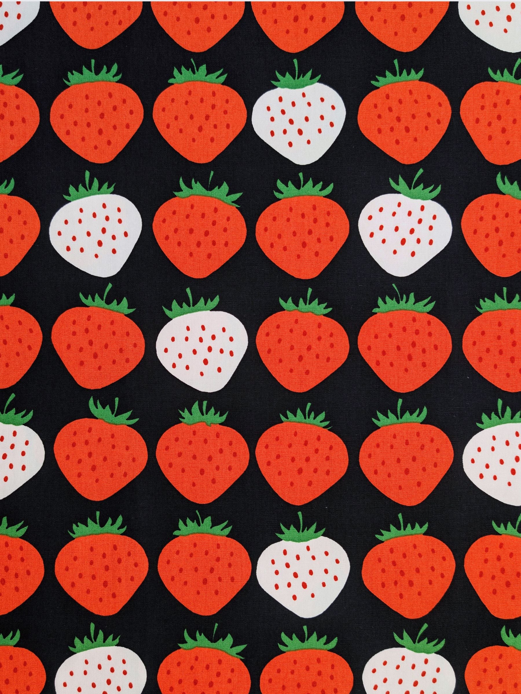 Asano - Big Strawberries Cotton Oxford Canvas Fabric - Black & white REMNANT