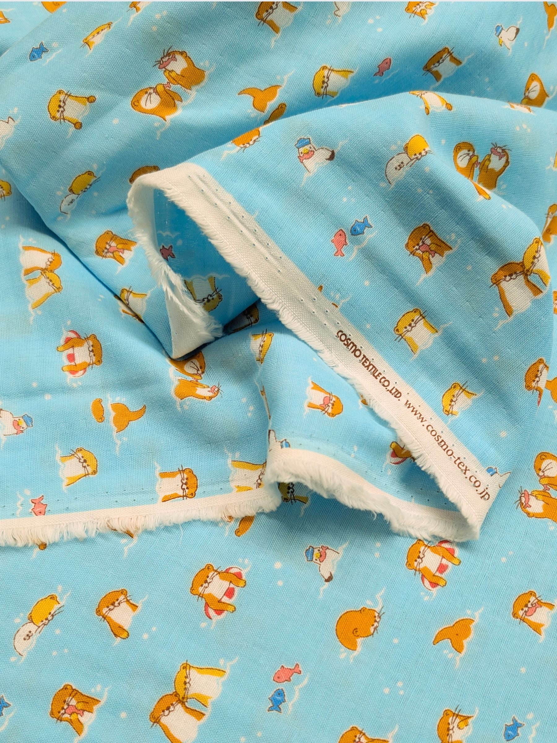 Cosmo - Little Otters Cotton Double Gauze Fabric - Blue