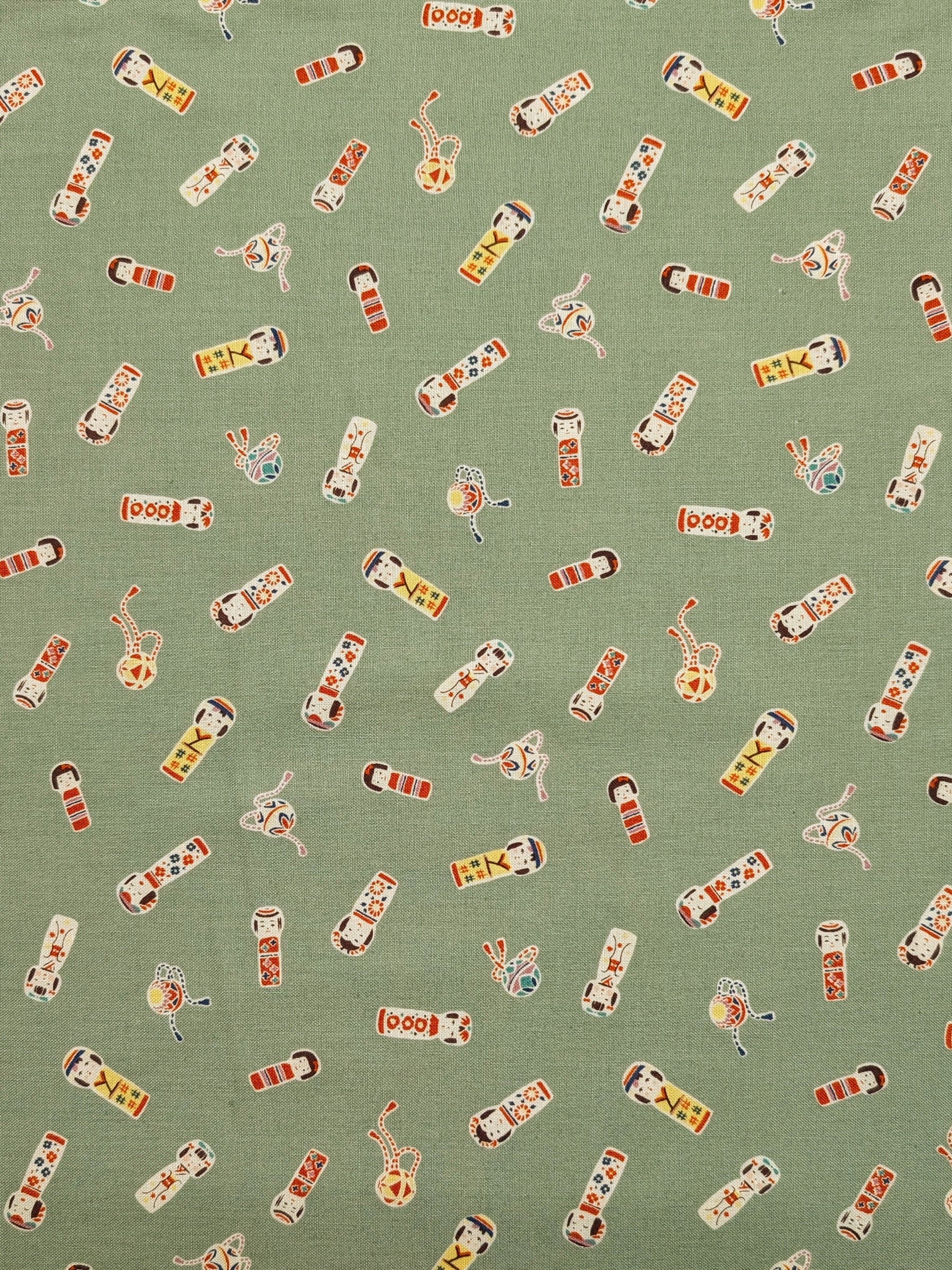 Cosmo - Kokeshi Doll Cotton Sheeting Fabric - Green