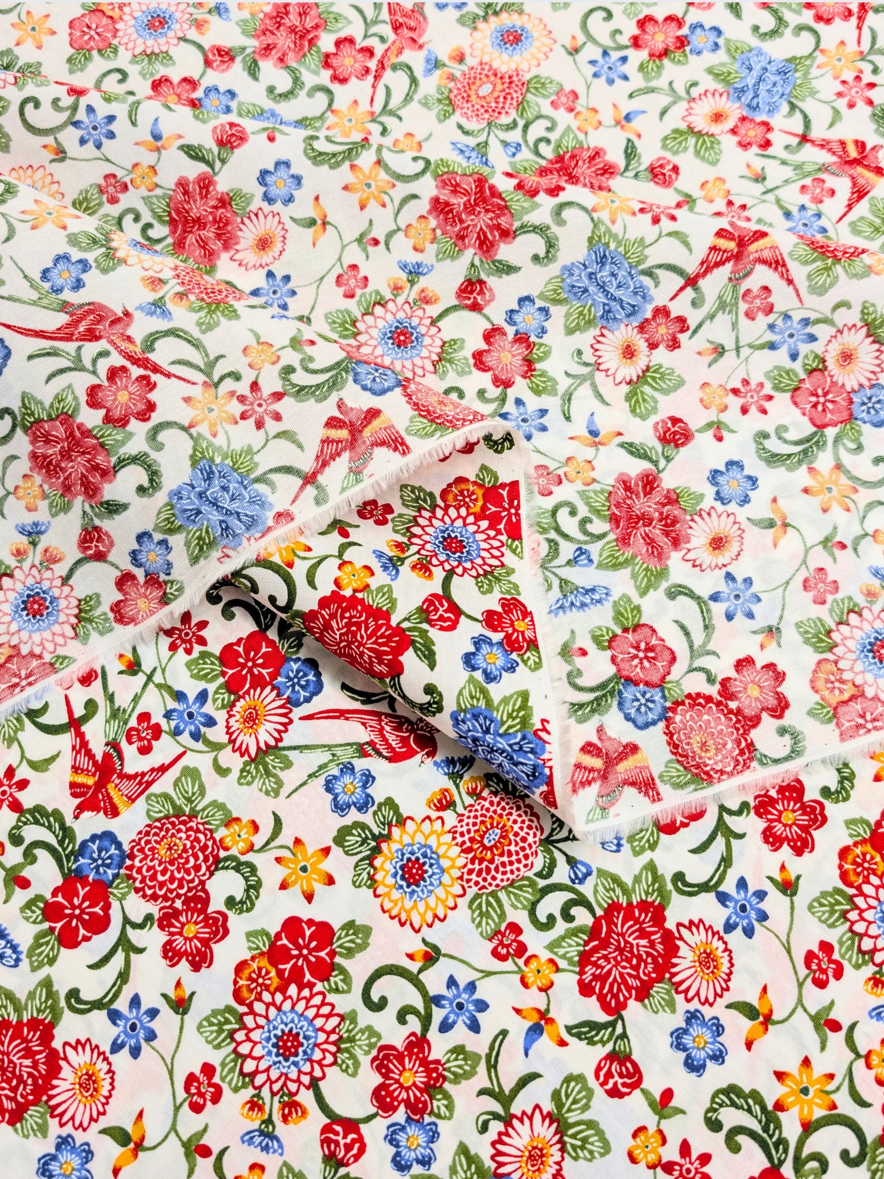 Cosmo - Parrots & Tropical Flowers Cotton Broadcloth Fabric - White