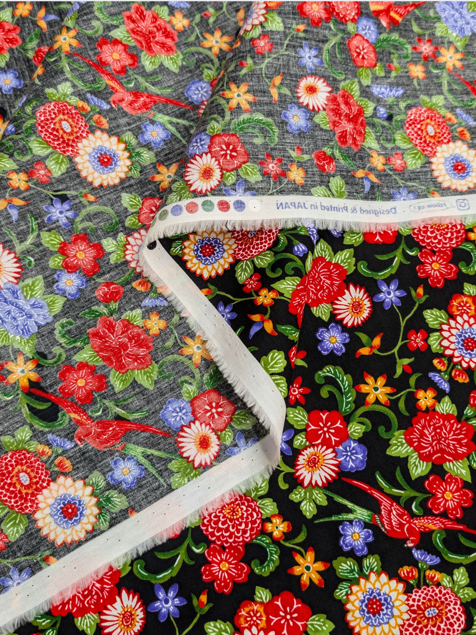 Cosmo - Parrots & Tropical Flowers Cotton Broadcloth Fabric - Black