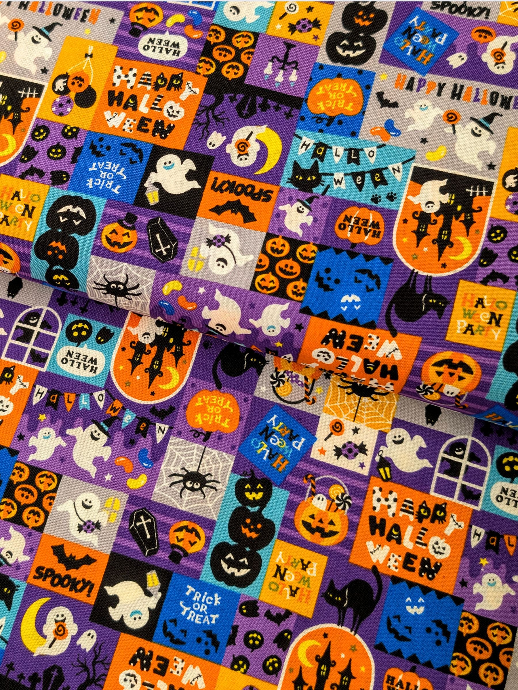 Cosmo - Cute Halloween Patchwork Cotton Shirting Fabric - Purple, Blue & Orange