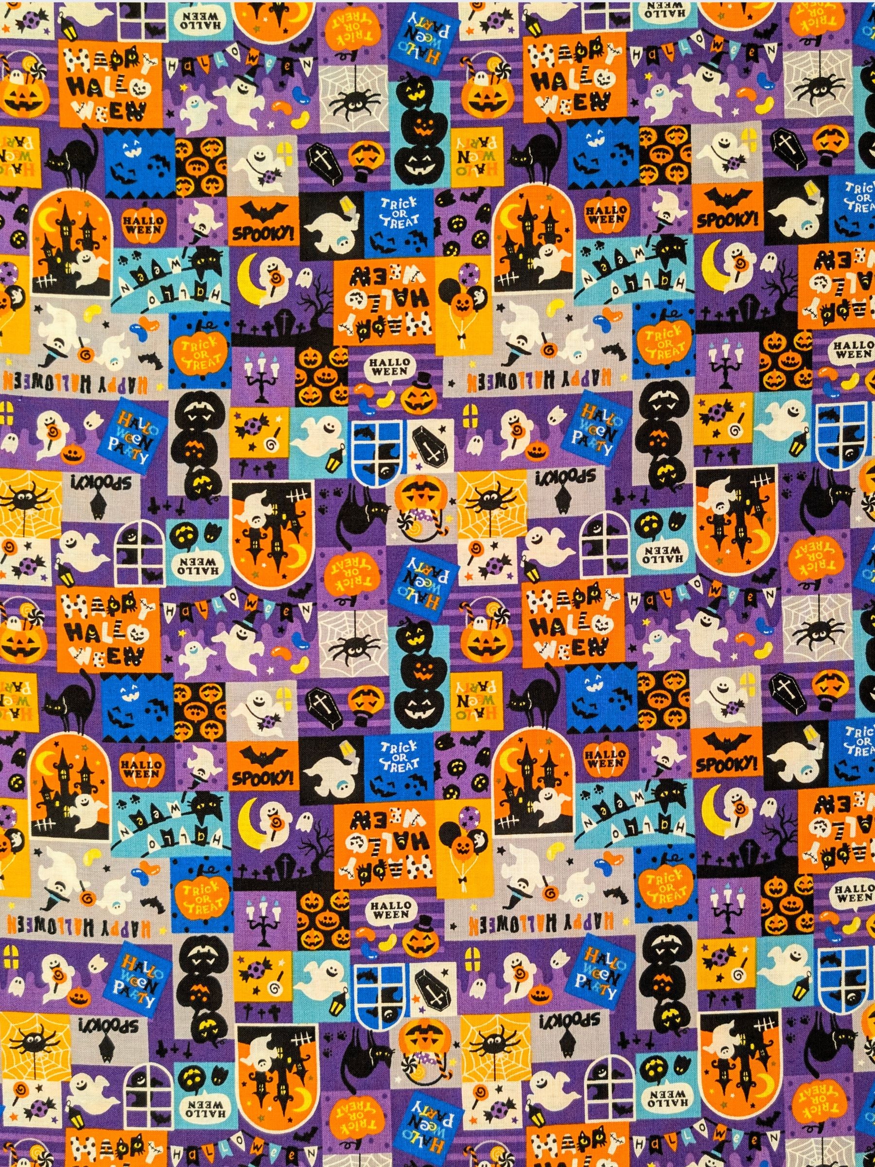 Cosmo - Cute Halloween Patchwork Cotton Shirting Fabric - Purple, Blue & Orange