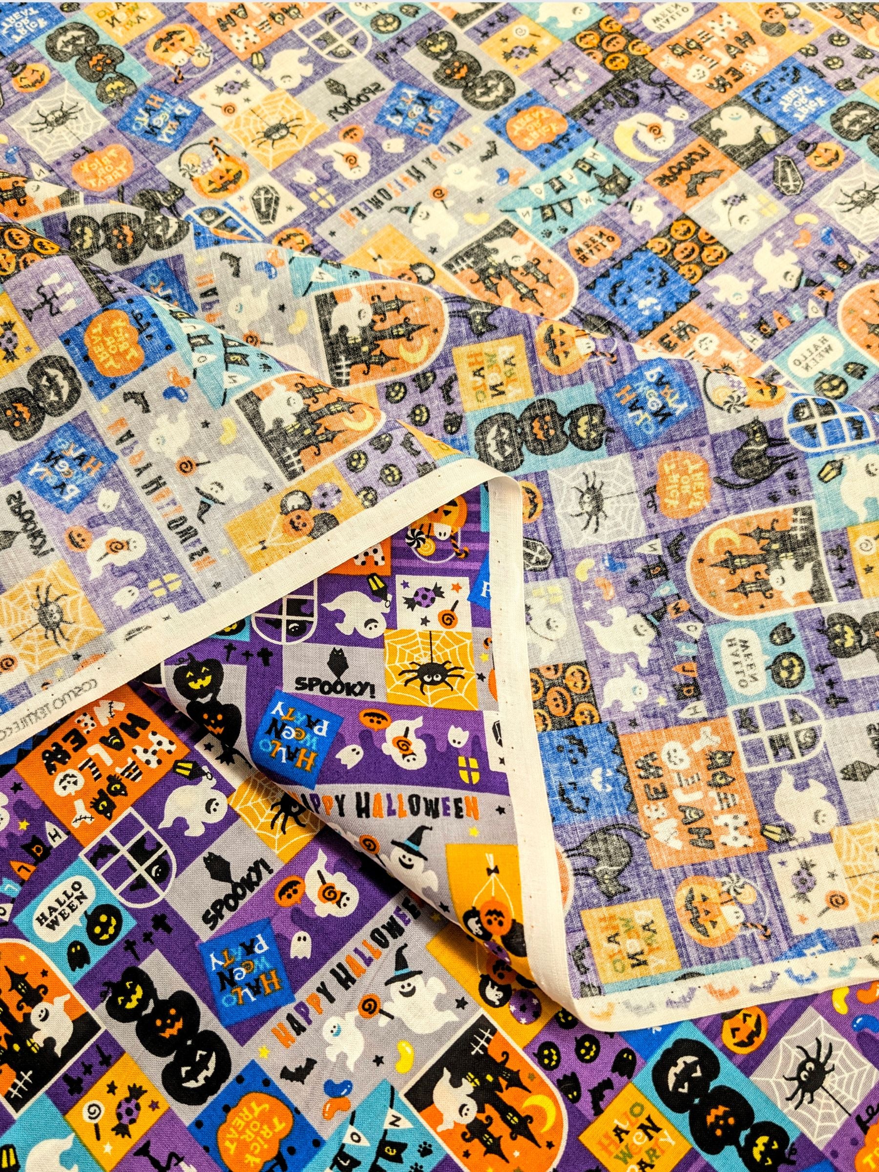 Cosmo - Cute Halloween Patchwork Cotton Shirting Fabric - Purple, Blue & Orange