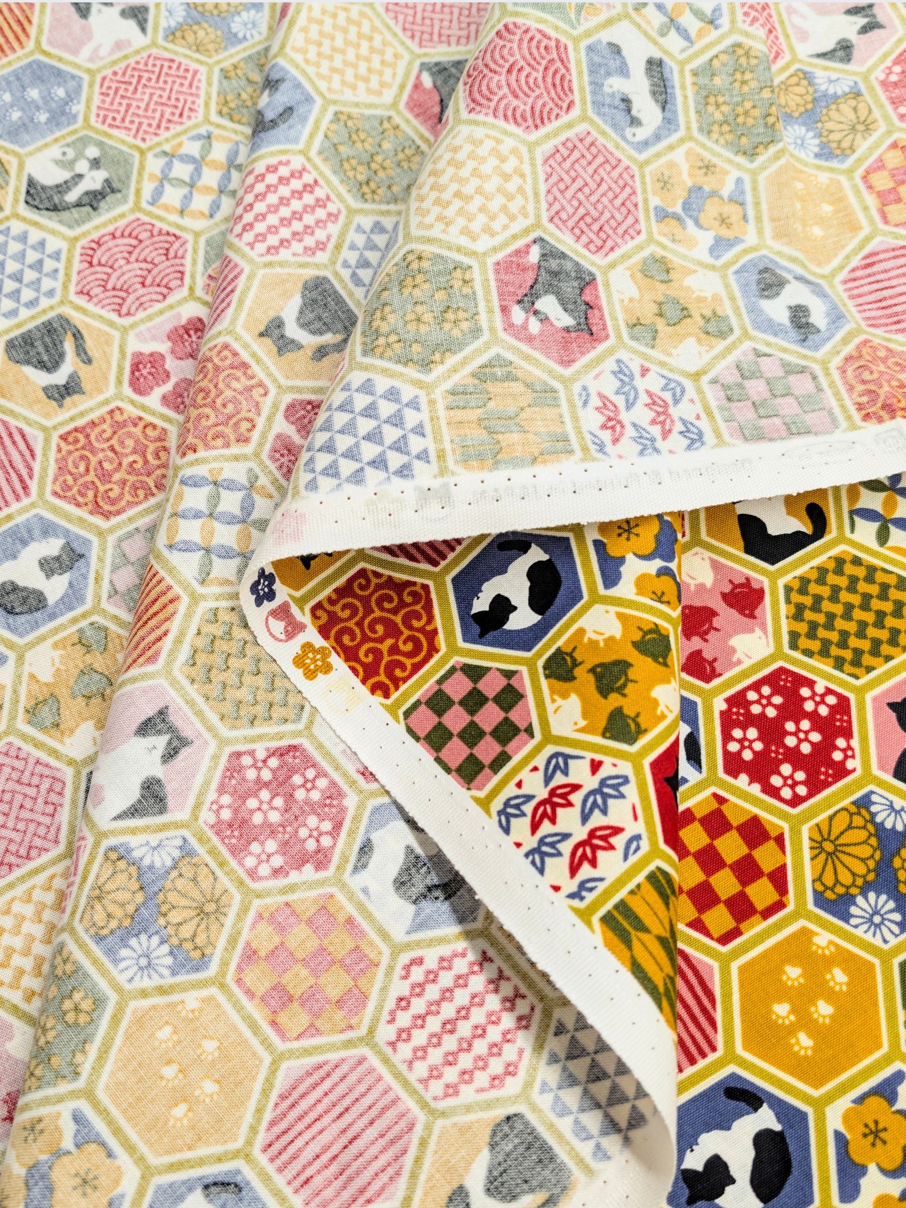 Cosmo - Hexigon Boro Cats Cotton Sheeting Fabric - Orange