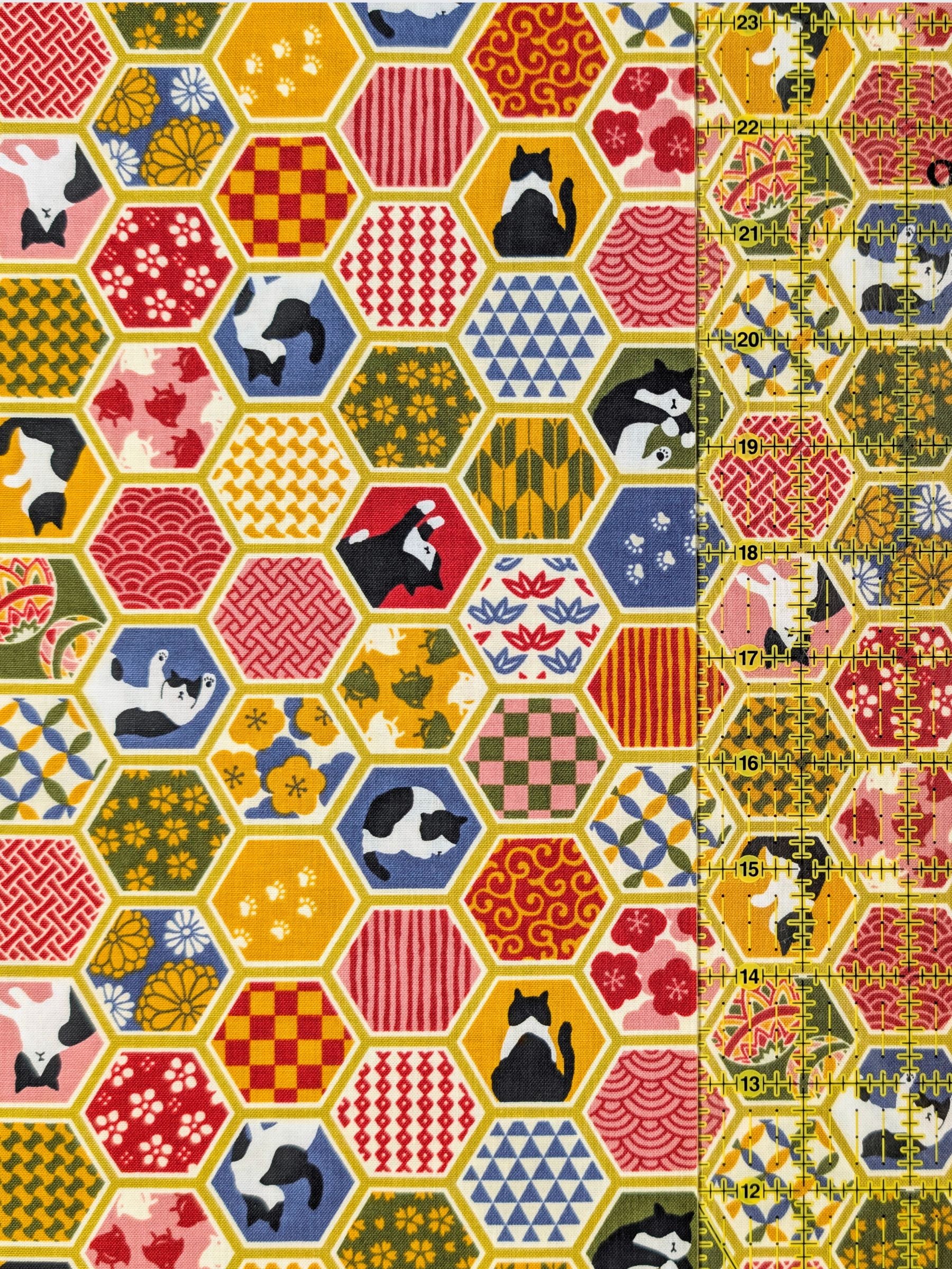 Cosmo - Hexigon Boro Cats Cotton Sheeting Fabric - Orange