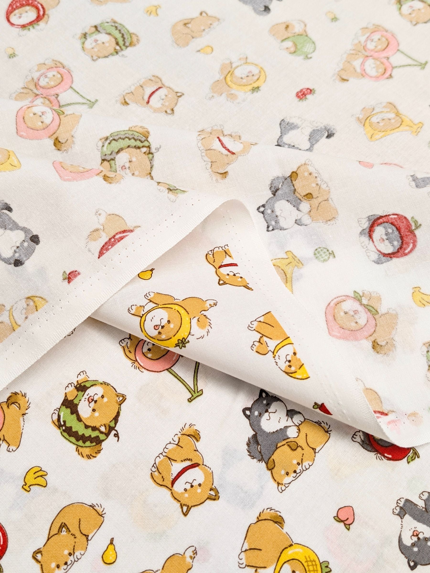Cosmo - Fruity Shibas Cotton Sheeting Fabric - White
