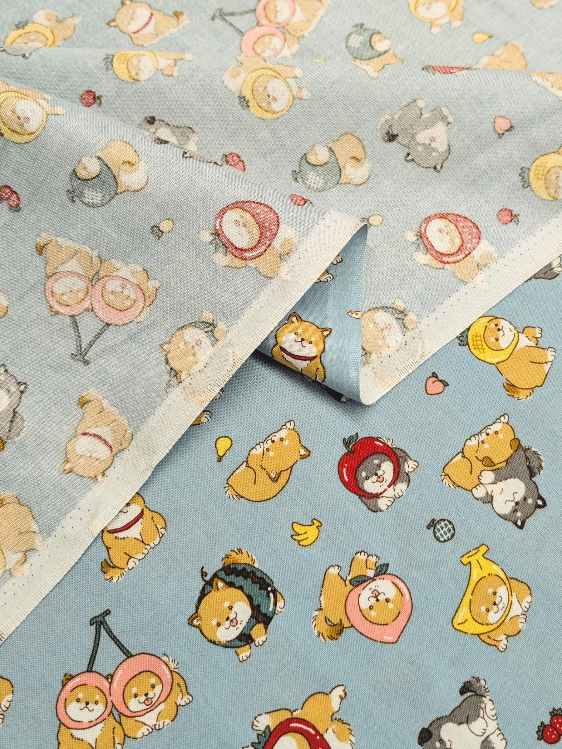 Cosmo - Fruity Shibas Cotton Sheeting Fabric - Light Blue