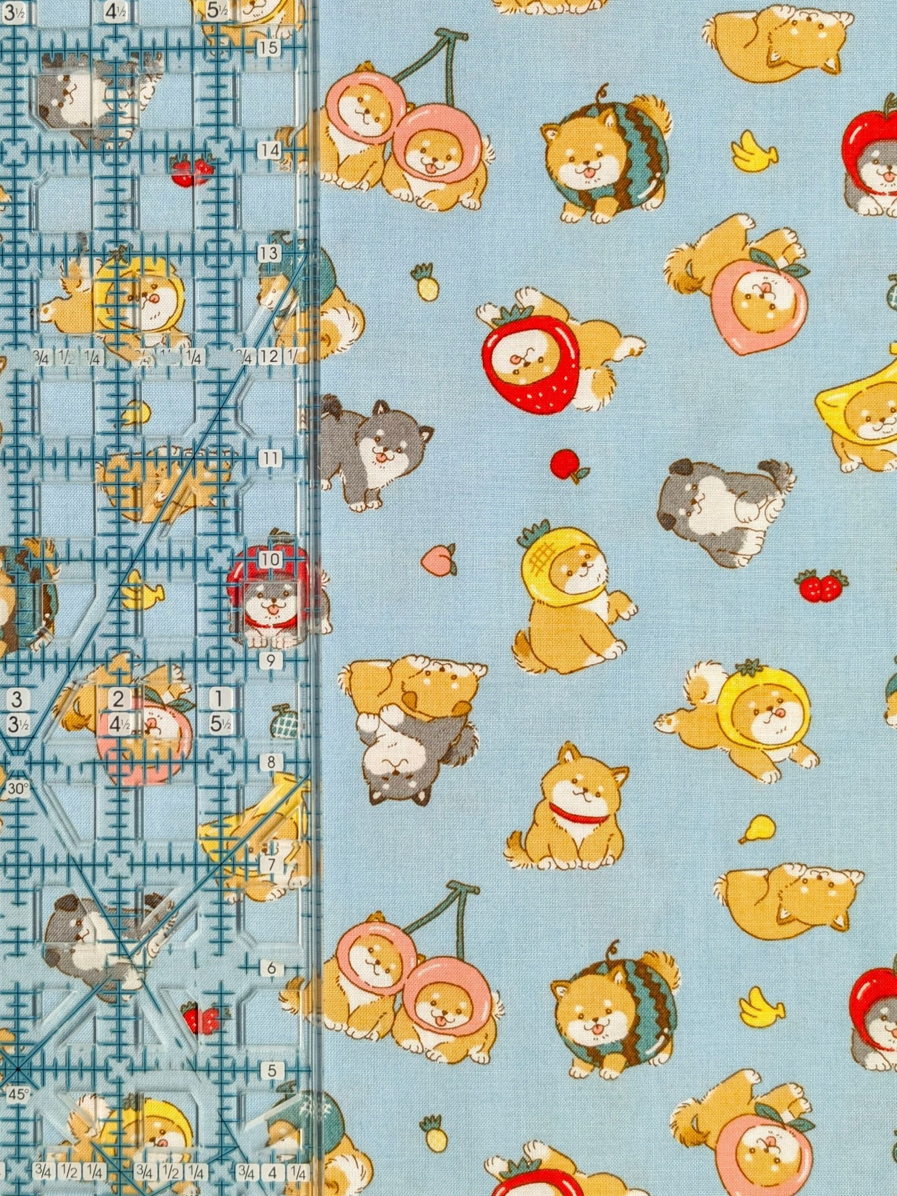 Cosmo - Fruity Shibas Cotton Sheeting Fabric - Light Blue