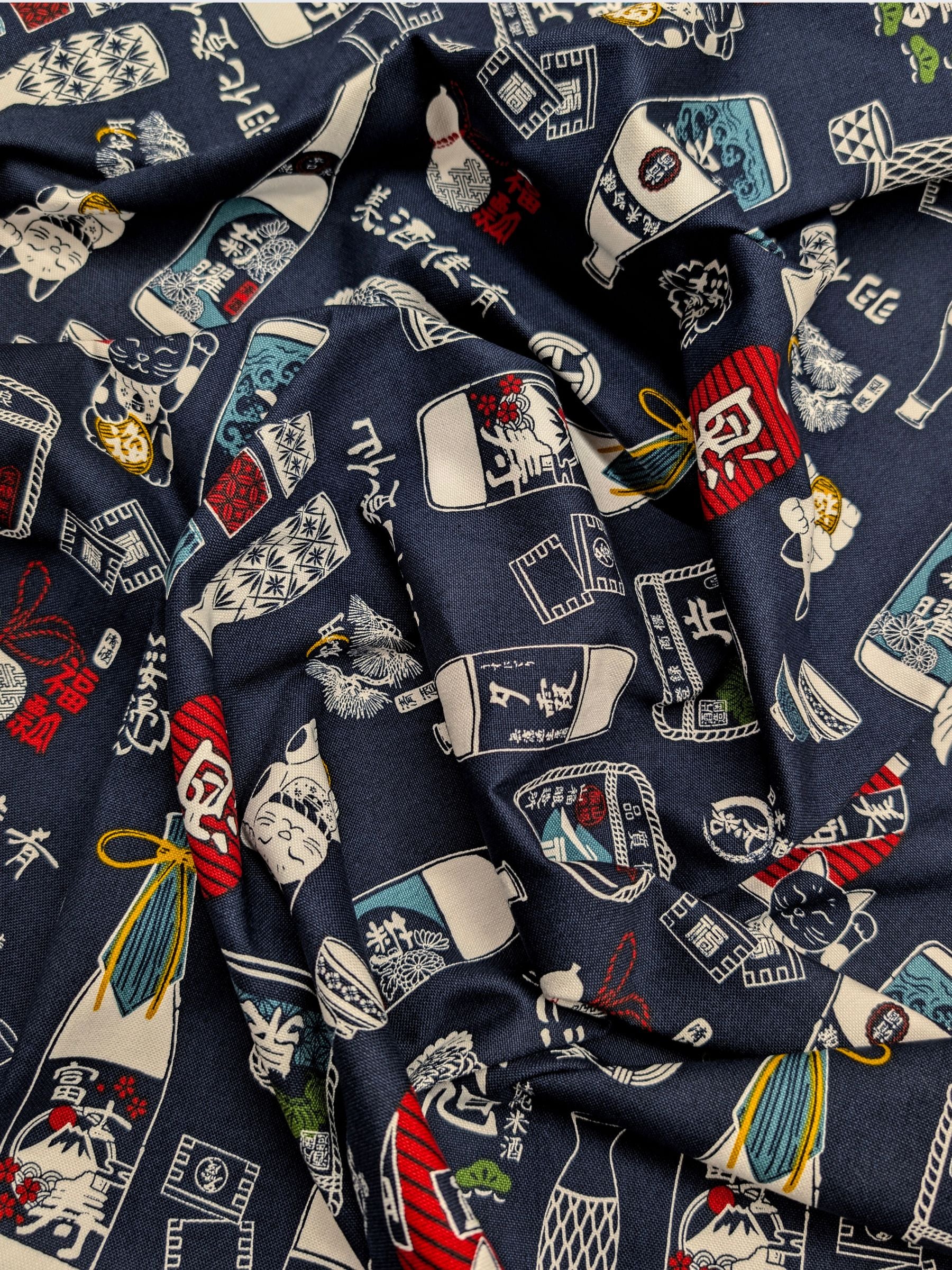 Cosmo - Sake Time Cotton Oxford Canvas Fabric - Blue REMNANT