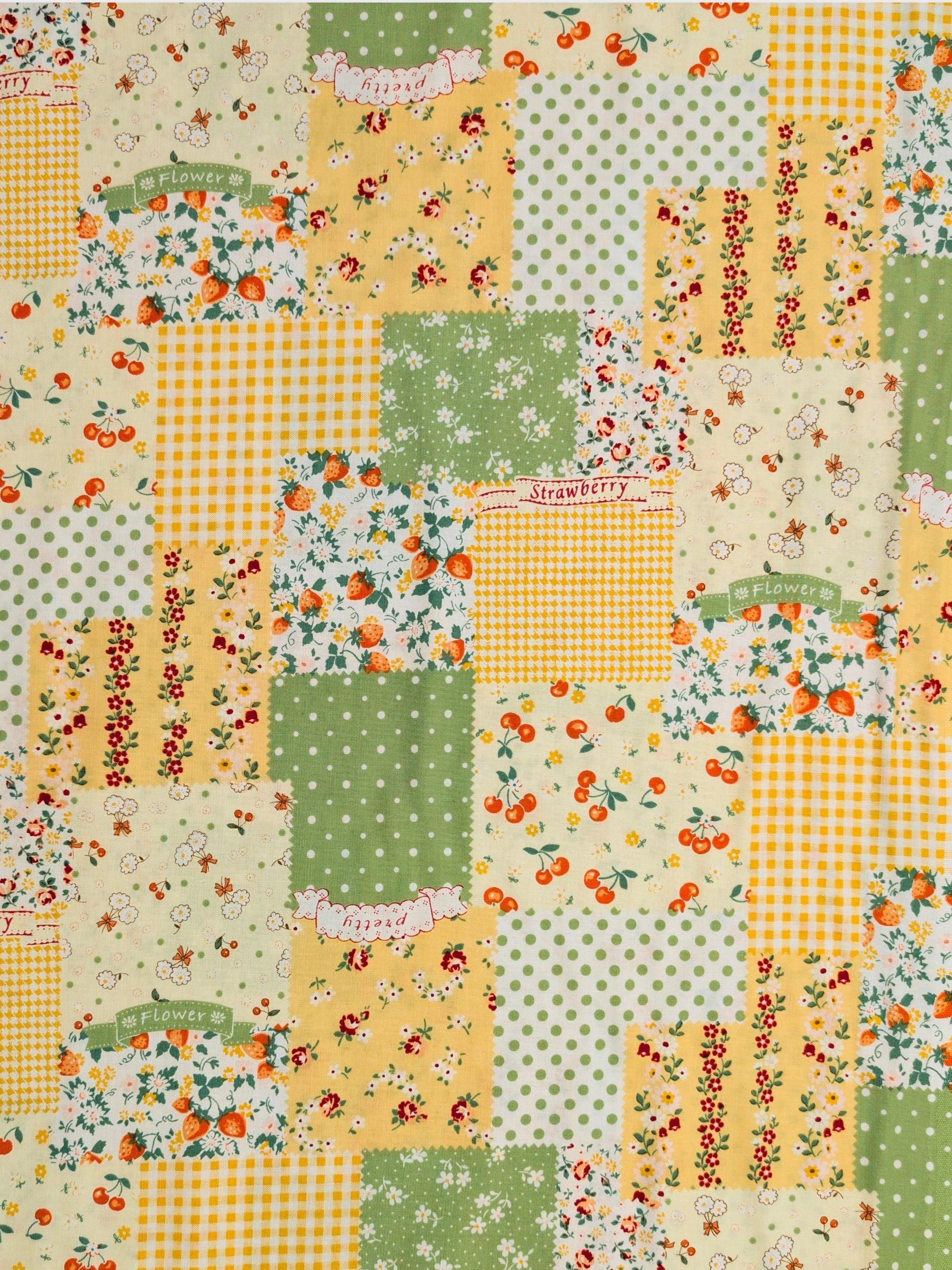 Yuwa - Spring Berry Patchwork Cotton Sheeting Fabric - Yellow
