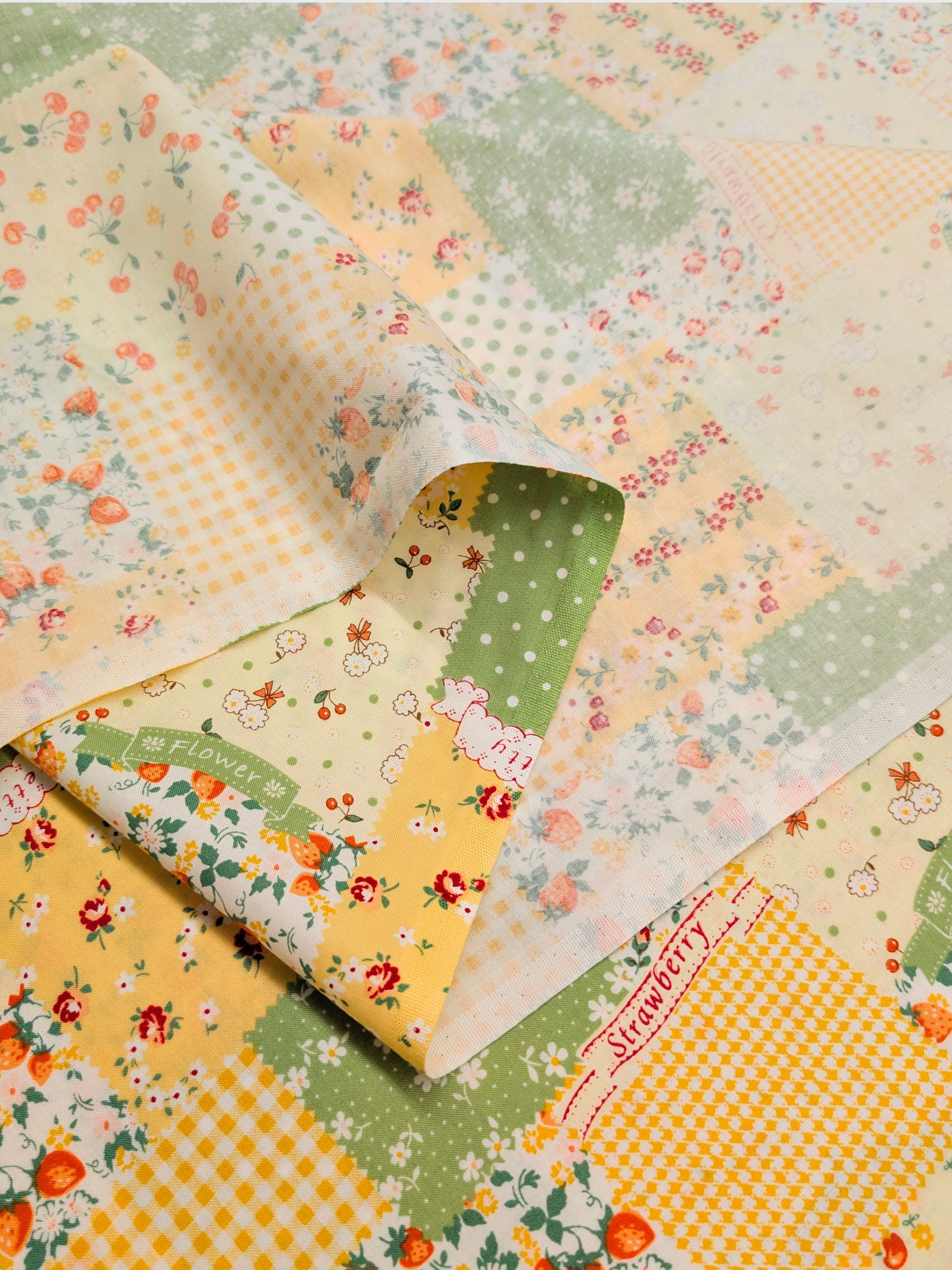 Yuwa - Spring Berry Patchwork Cotton Sheeting Fabric - Yellow