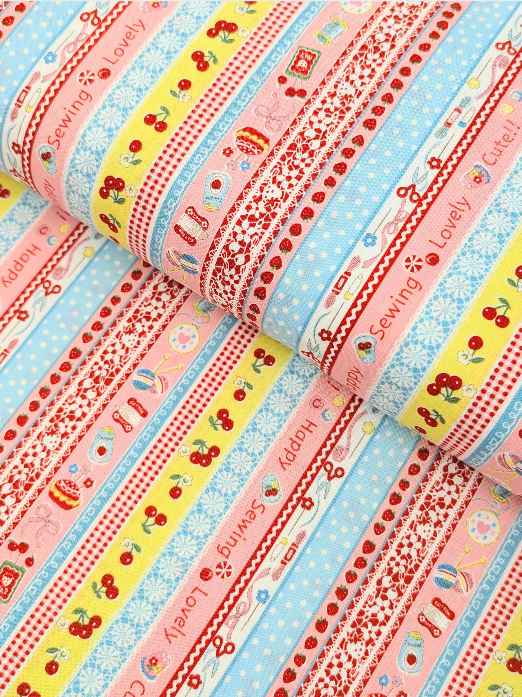 Yuwa - Cute Crafting Stripes Cotton Sheeting Fabric - Pink & Blue