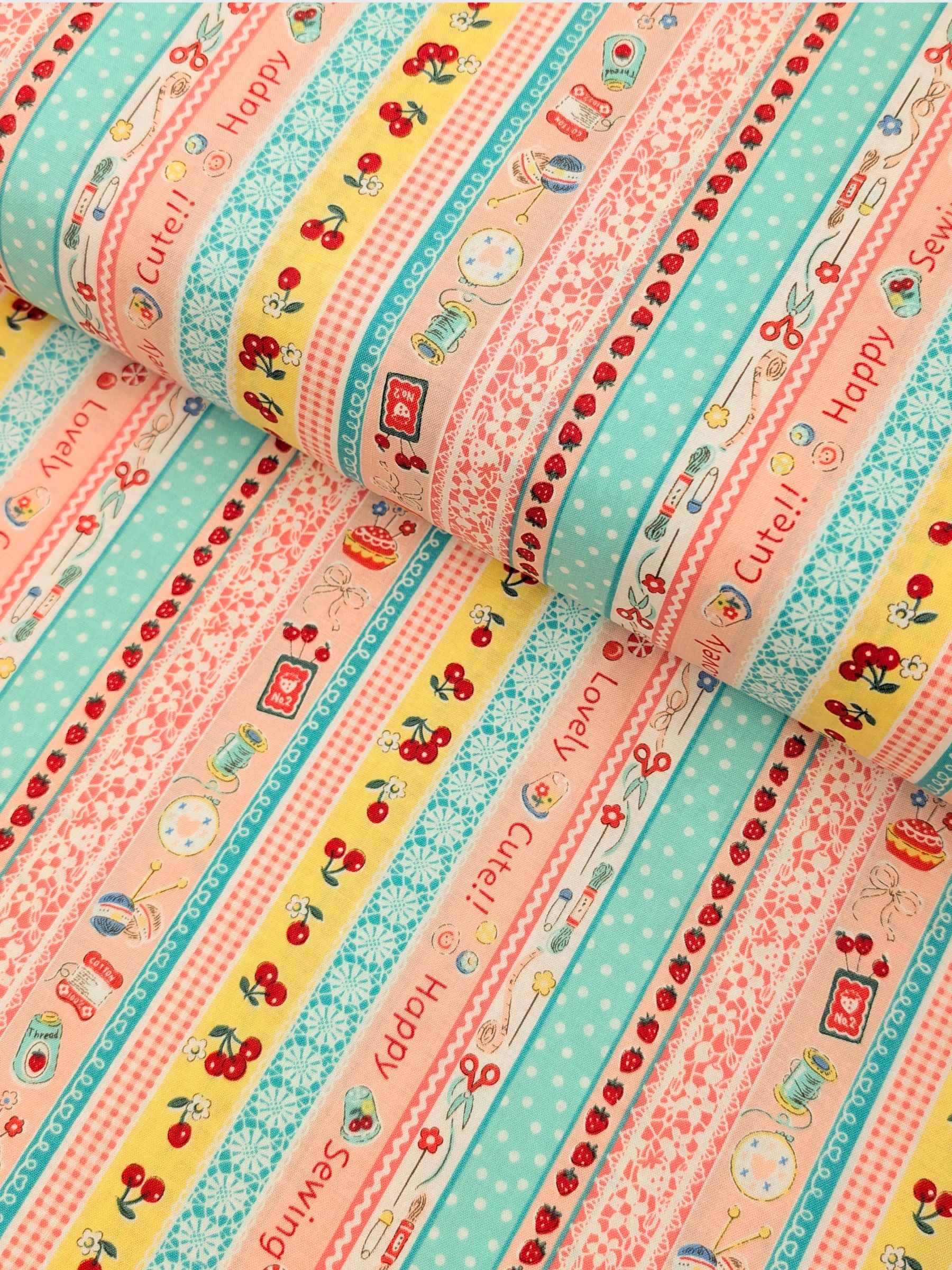 Yuwa - Cute Crafting Stripes Cotton Sheeting Fabric - Pink & Teal
