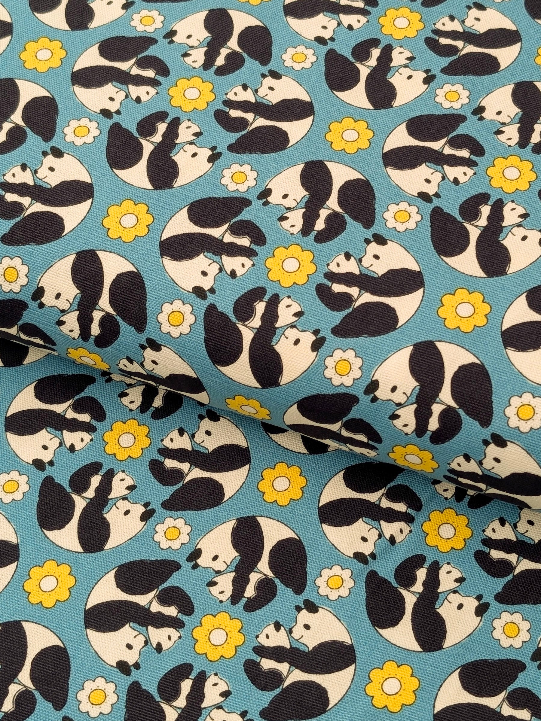 Yuwa - Kaleidoscope Pandas Oxford Cotton Fabric - Teal
