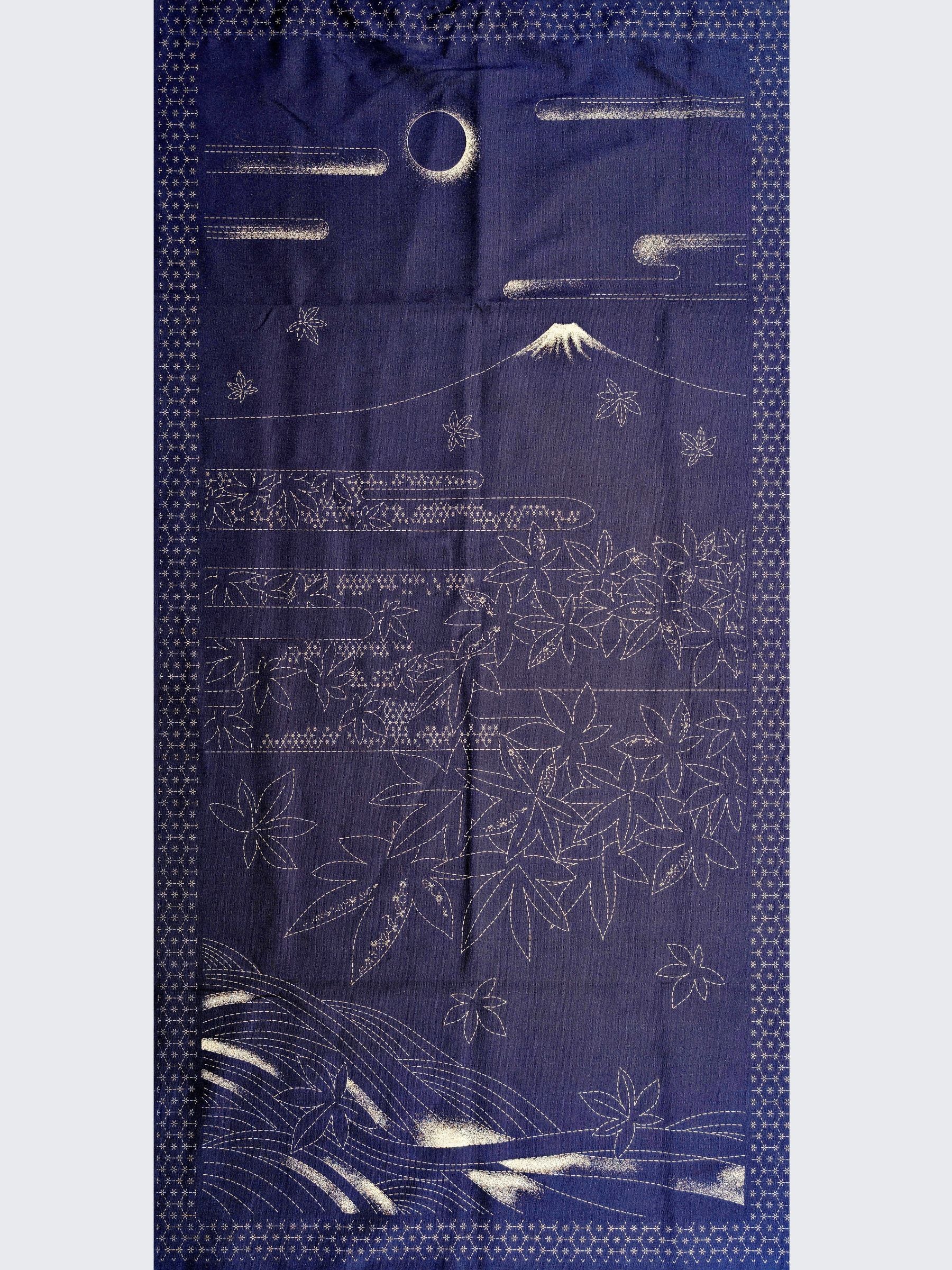 Orimono Imports - Mt Fuji in Autumn Sashiko Washout Fabric Panel - Navy