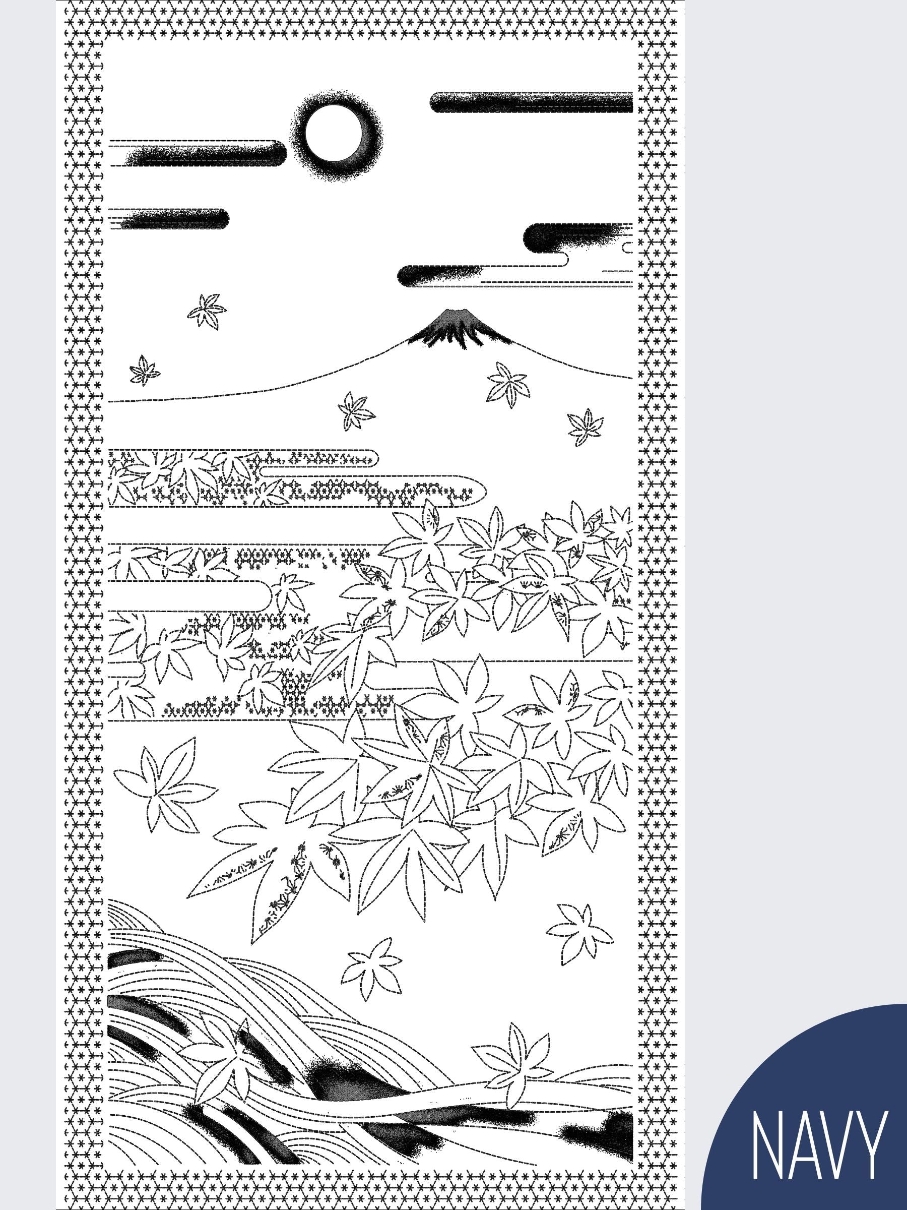 Orimono Imports - Mt Fuji in Autumn Sashiko Washout Fabric Panel - Navy