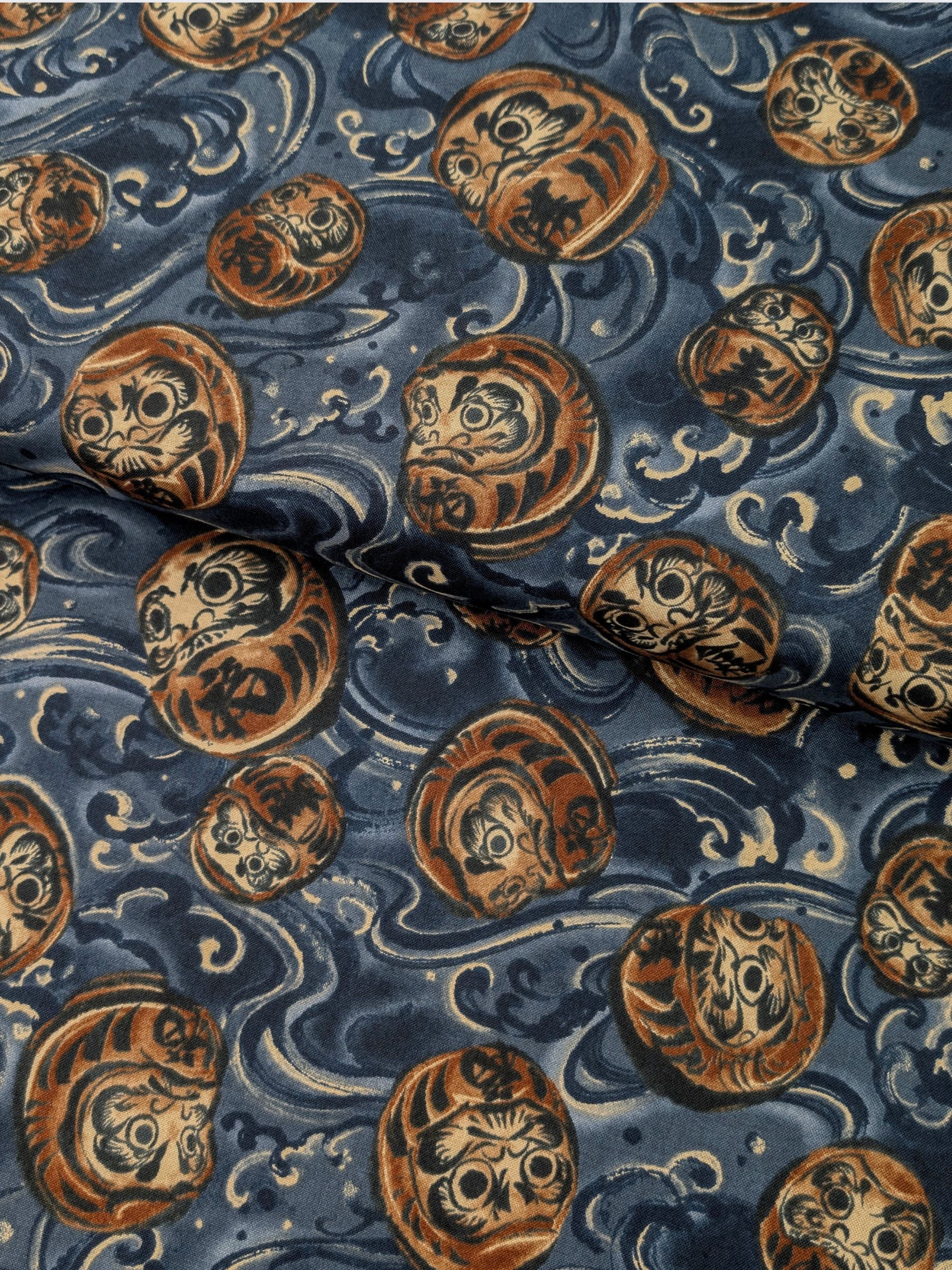 QuiltGate - Brushed Daruma & Waves Cotton Sheeting Fabric - Medium Blue