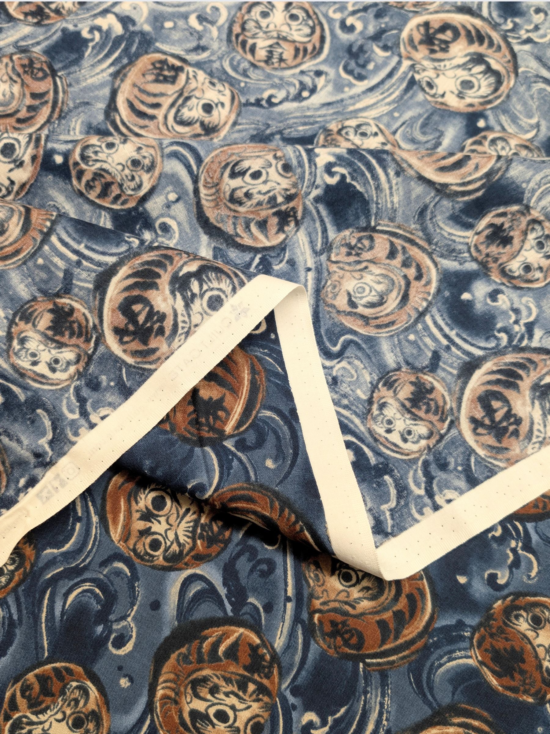 QuiltGate - Brushed Daruma & Waves Cotton Sheeting Fabric - Medium Blue