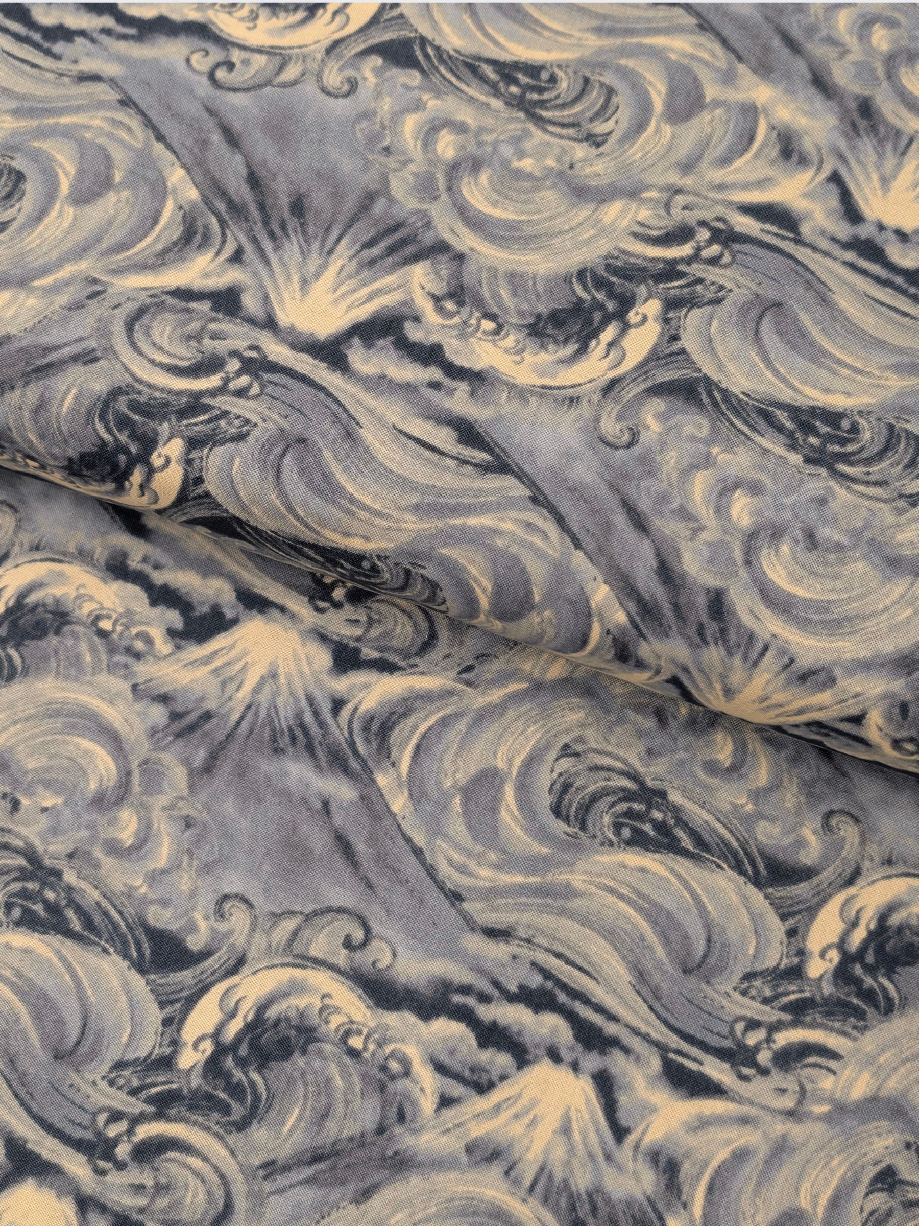 QuiltGate - Cloudy Brushed Ocean Mountains Cotton Sheeting Fabric - Medium Blue