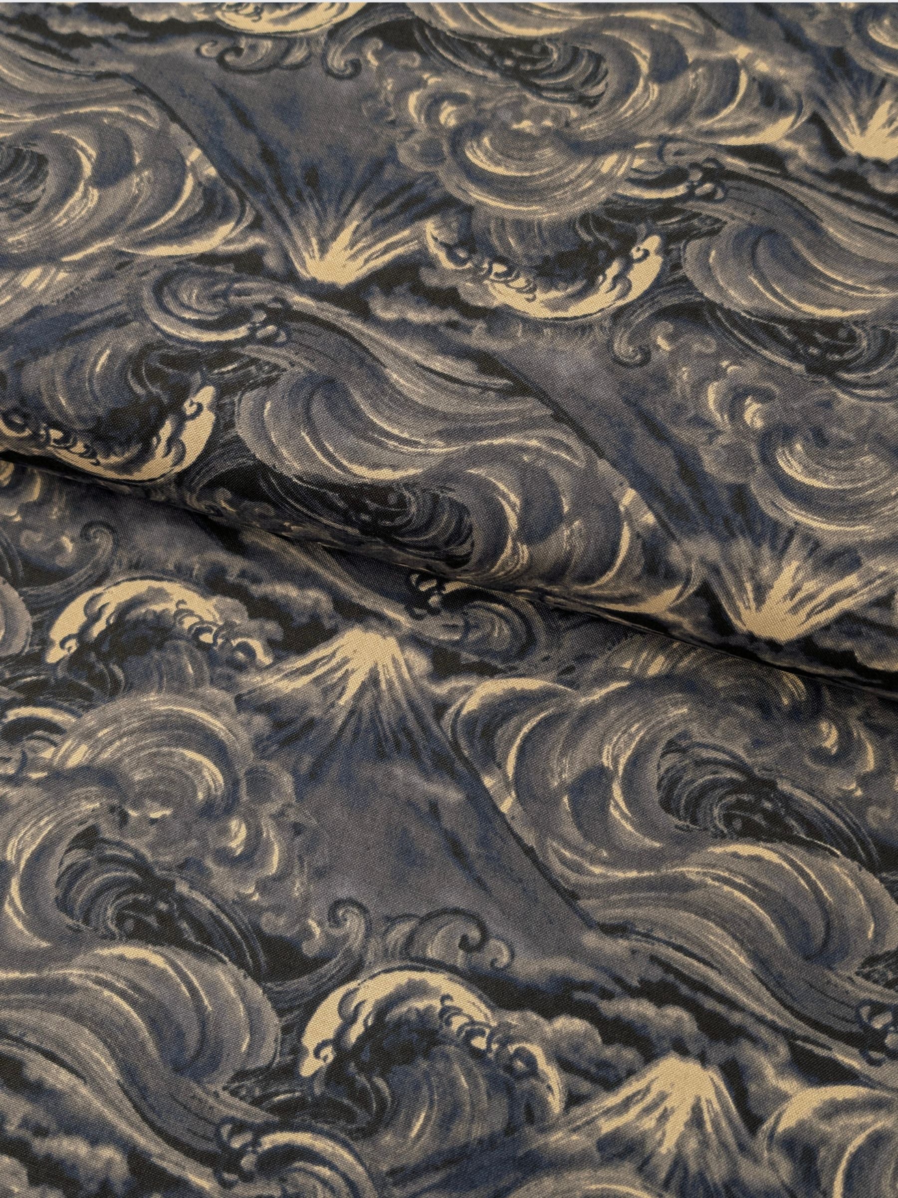 QuiltGate - Cloudy Brushed Ocean Mountains Cotton Sheeting Fabric - Dark Blue