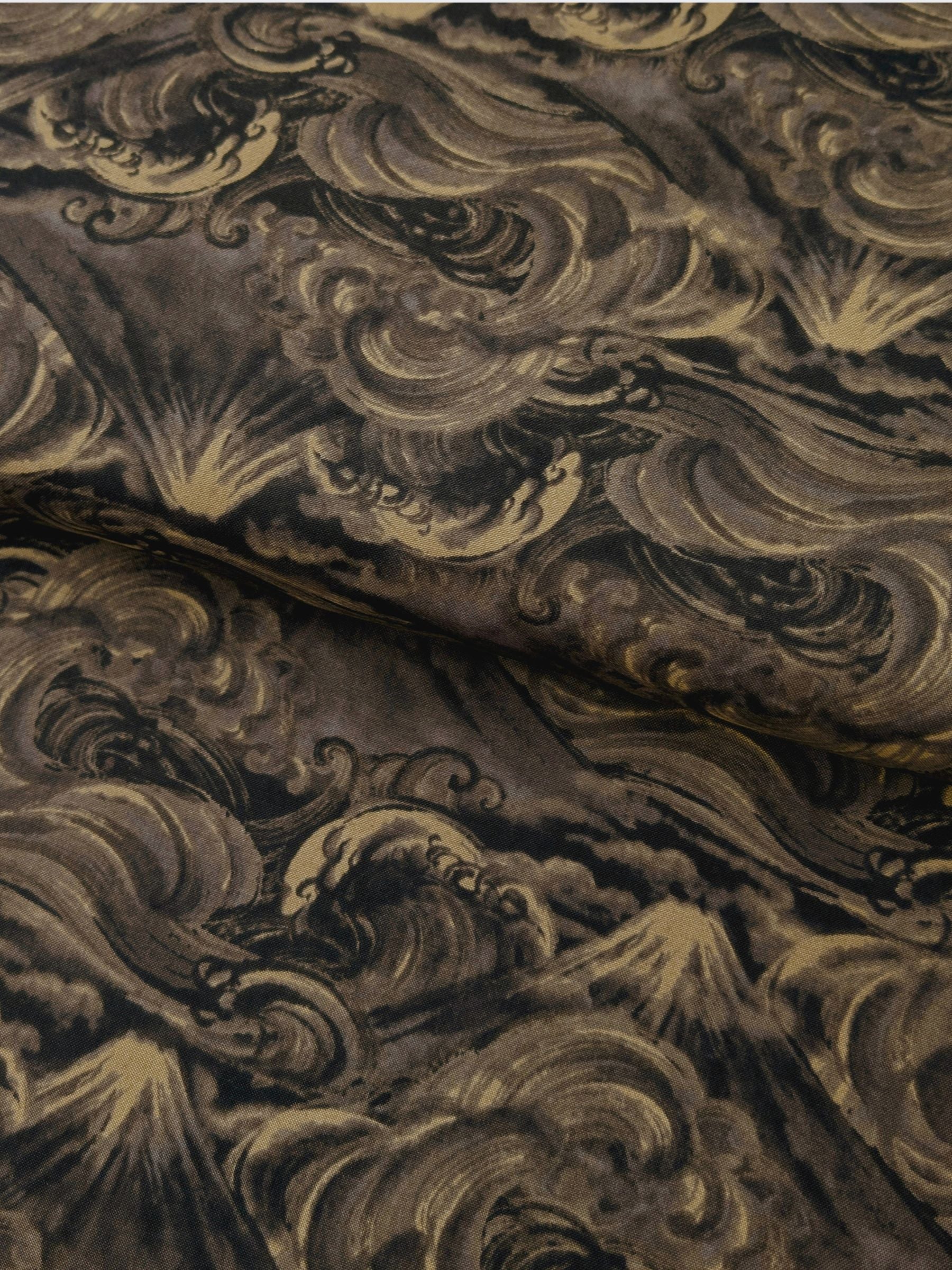 QuiltGate - Cloudy Brushed Ocean Mountains Cotton Sheeting Fabric - Gray Black