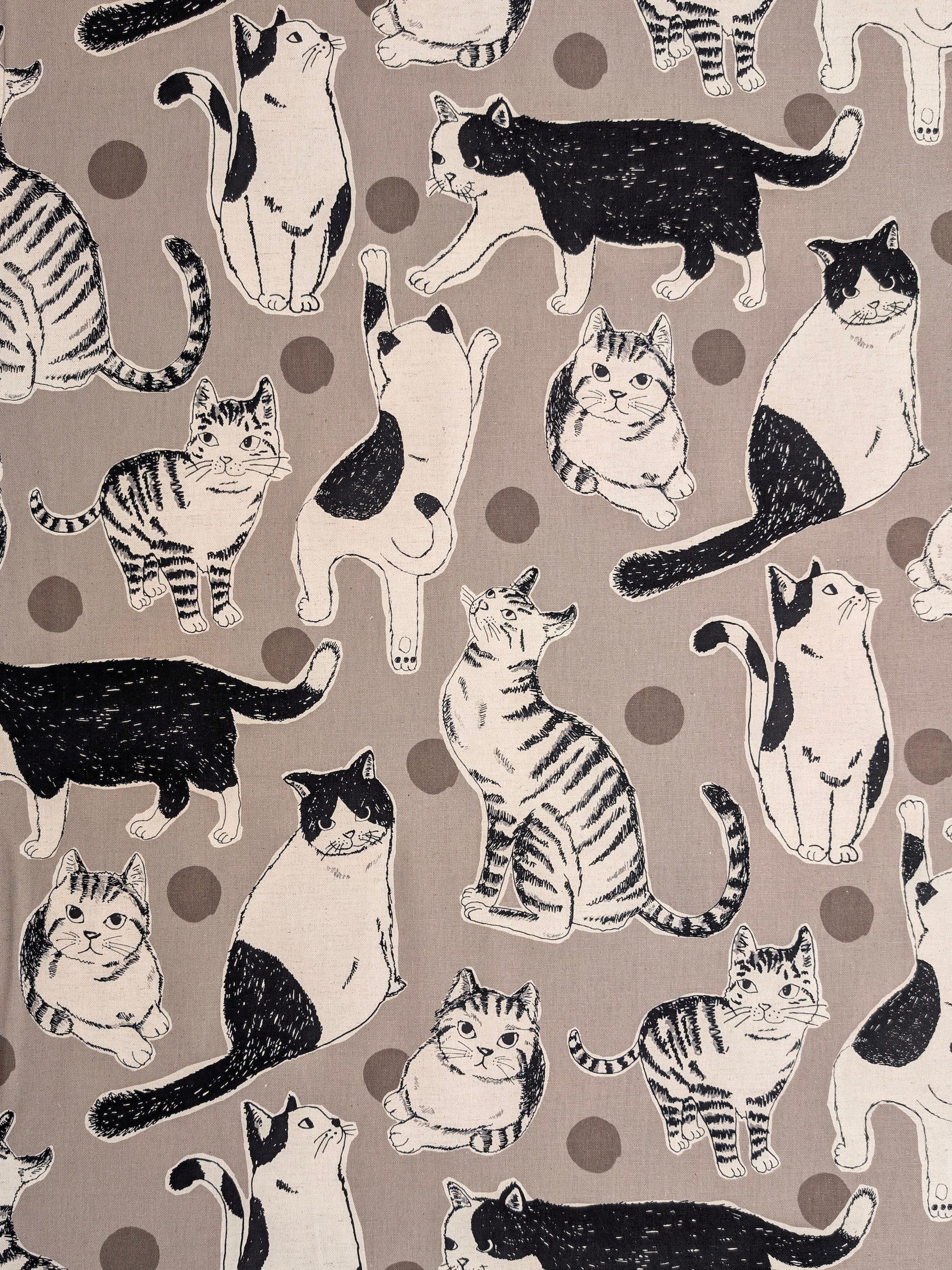 Kobayashi - Large Black & White Cats Cotton Linen Oxford Canvas Fabric - Gray