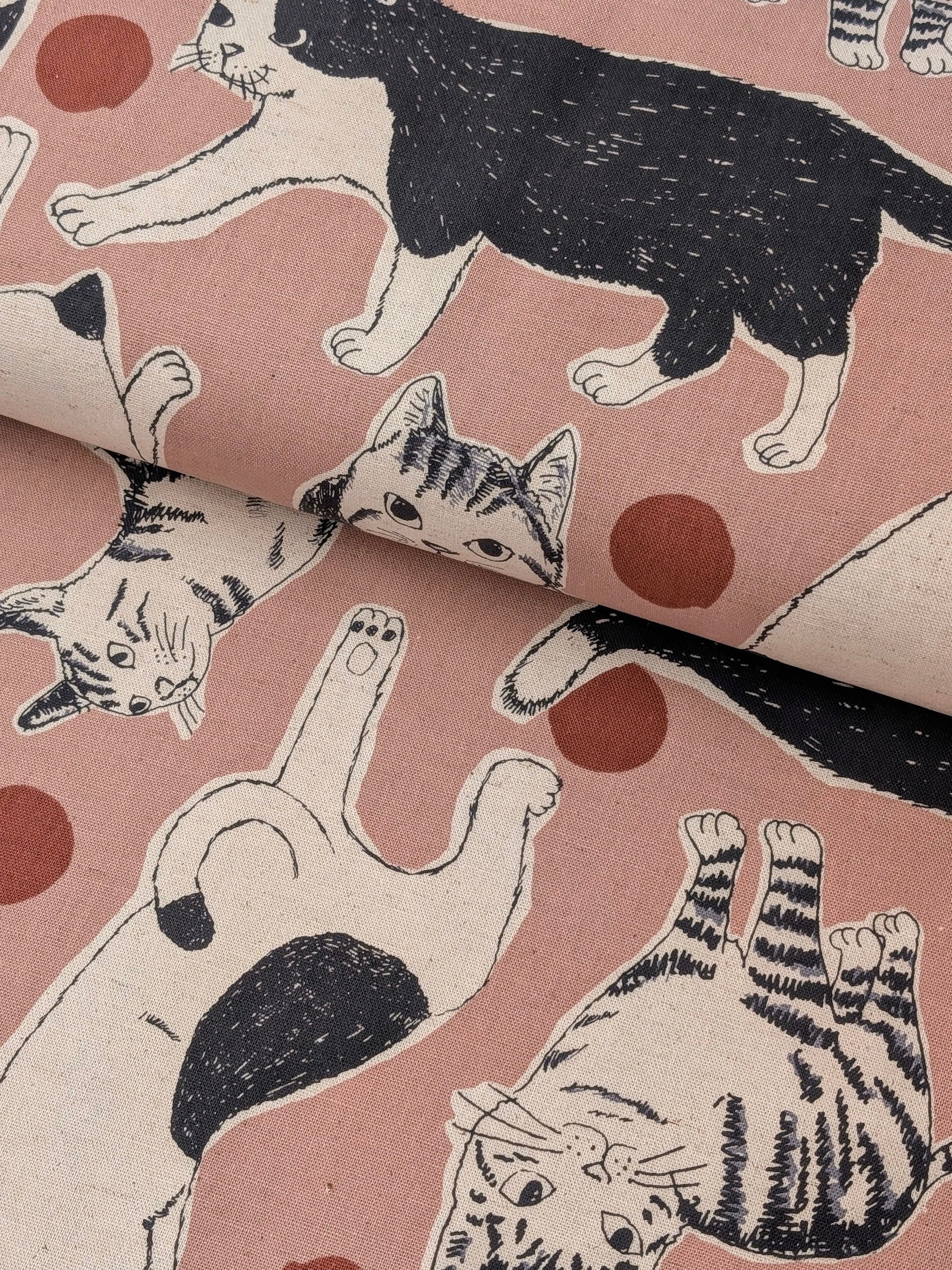 Kobayashi - Large Black & Off-White Cats Cotton Linen Oxford Canvas Fabric - Pink