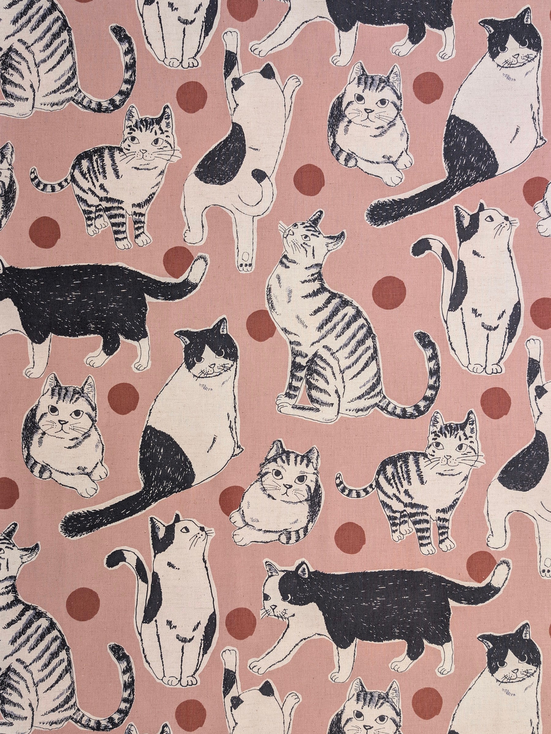 Kobayashi - Large Black & Off-White Cats Cotton Linen Oxford Canvas Fabric - Pink
