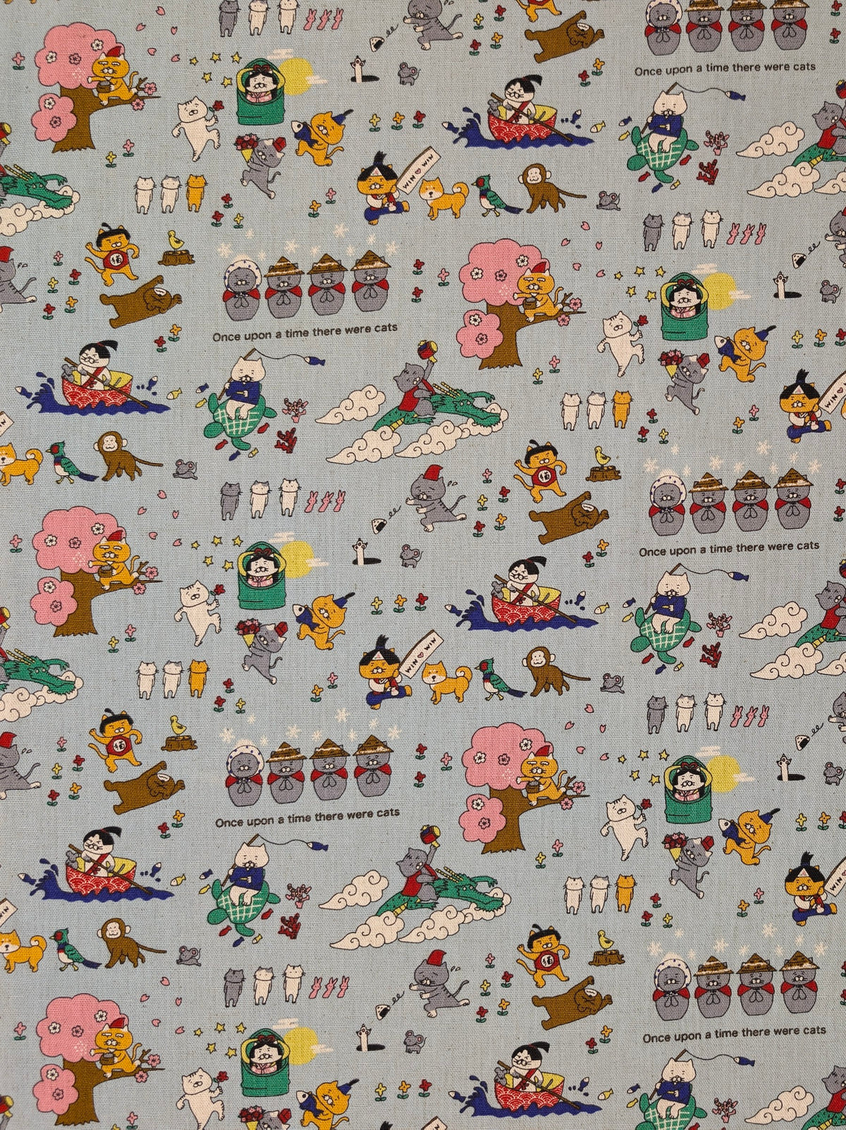 Kobayashi - Neko Folk Tale Cotton Linen Oxford Canvas Fabric - Light Blue