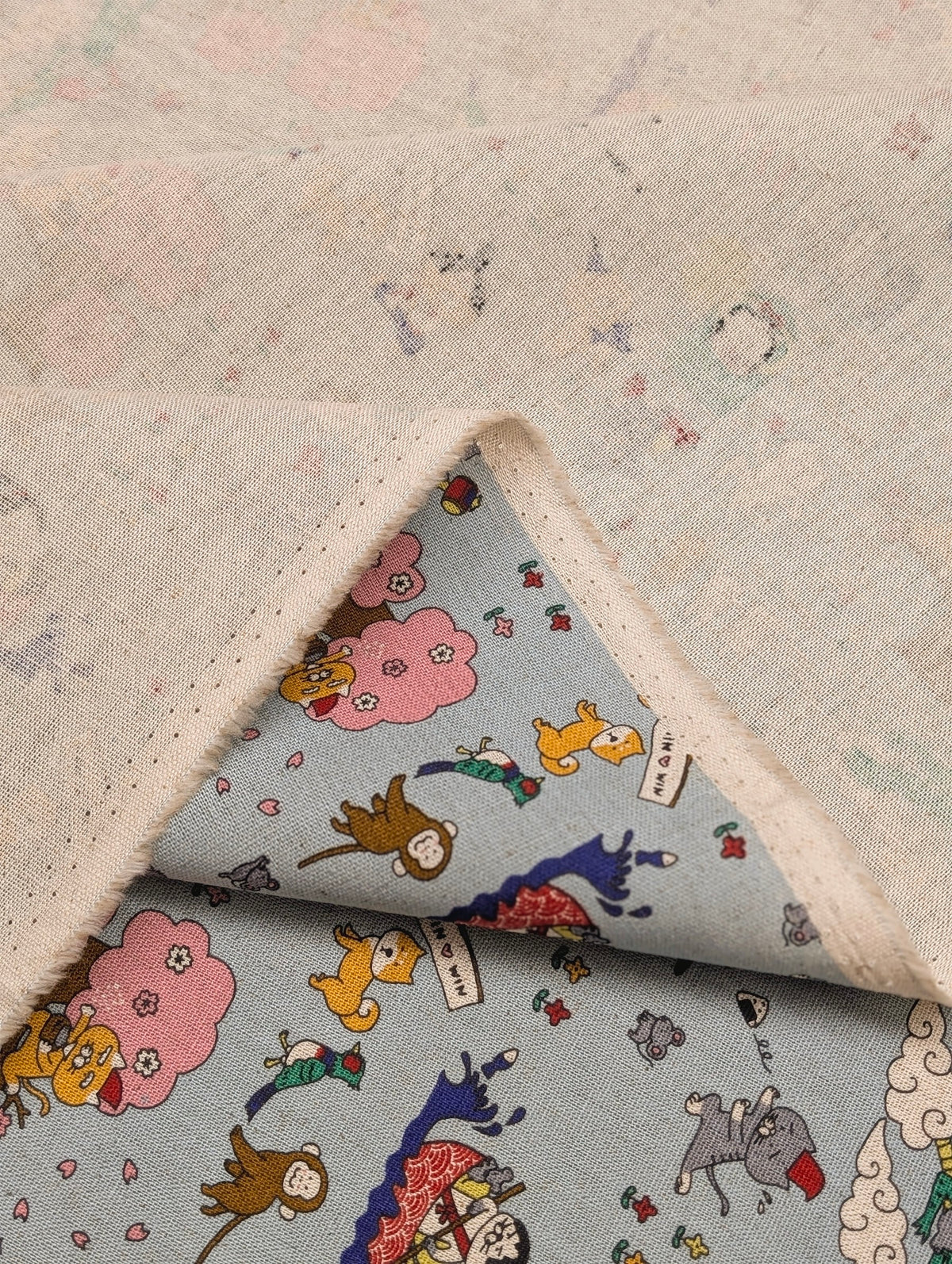 Kobayashi - Neko Folk Tale Cotton Linen Oxford Canvas Fabric - Light Blue