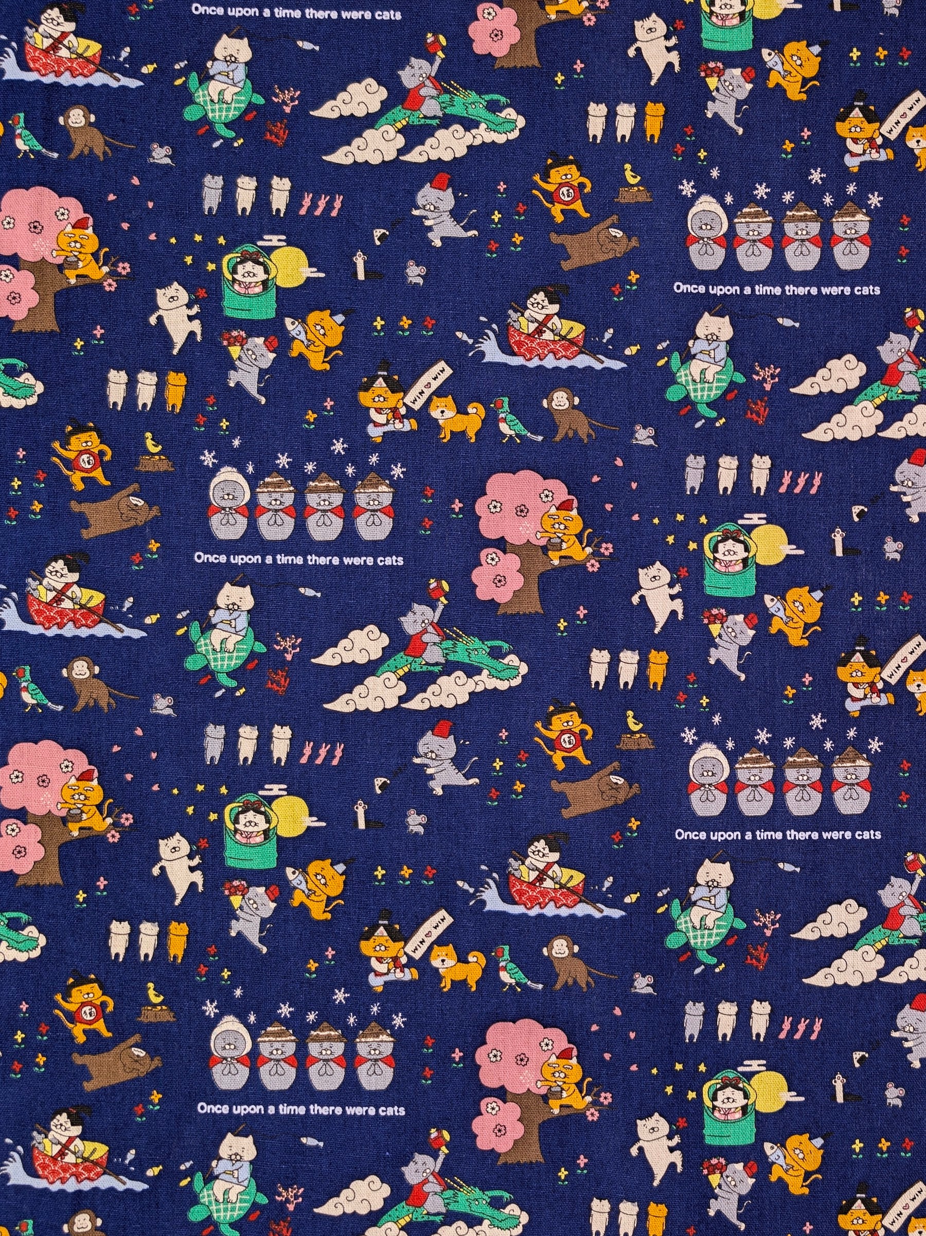 Kobayashi - Neko Folk Tale Cotton Linen Oxford Canvas Fabric - Navy Blue