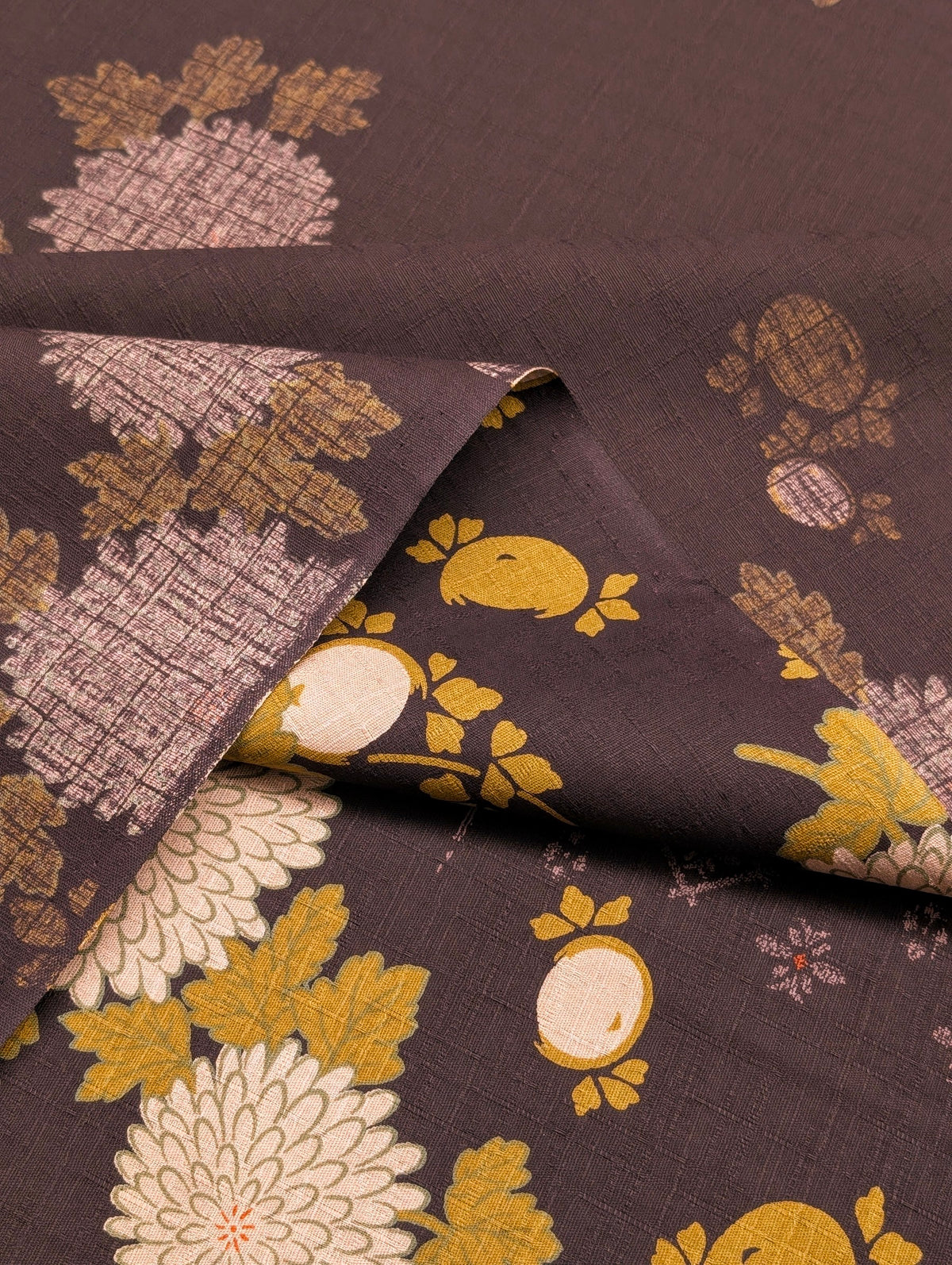 Kobayashi - Chrysanthemums & Patterned Kasumi Cotton Dobby Fabric - Purple