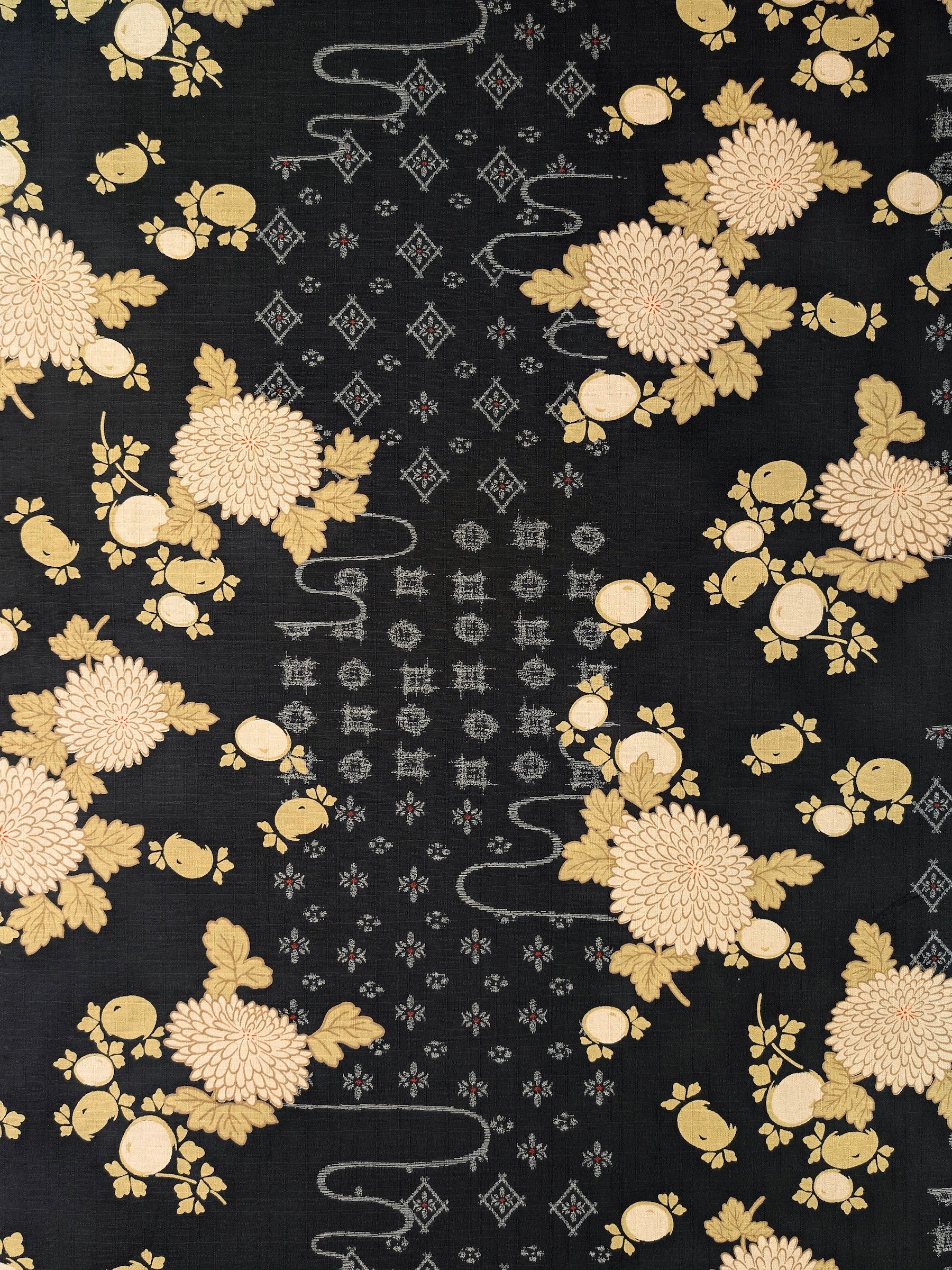 Kobayashi - Chrysanthemums & Patterned Kasumi Cotton Dobby Fabric - Black