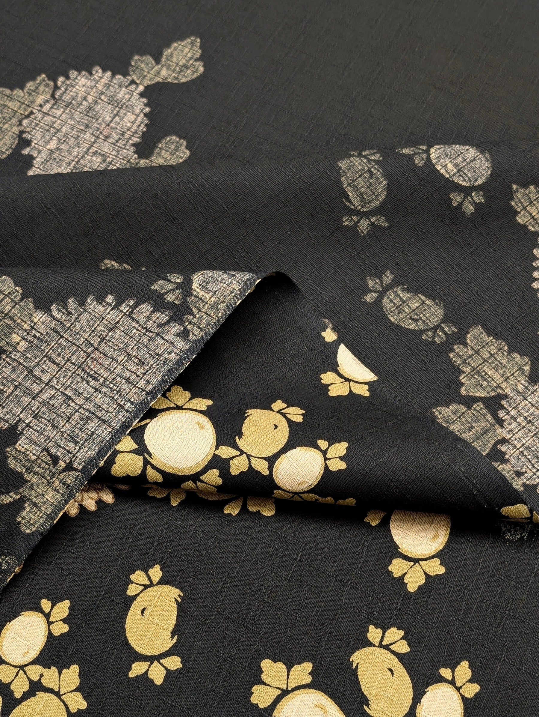 Kobayashi - Chrysanthemums & Patterned Kasumi Cotton Dobby Fabric - Black